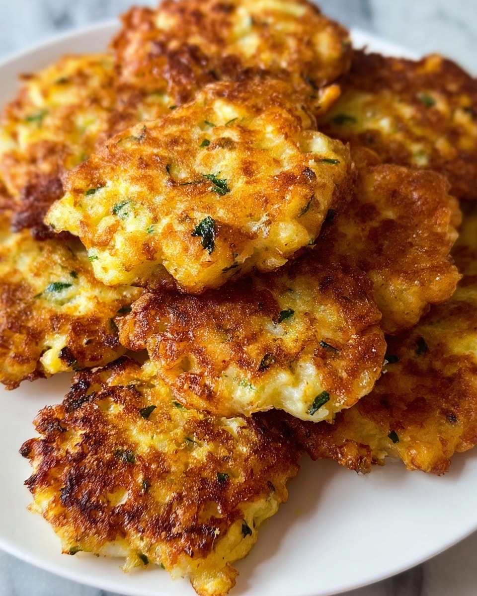 A close-up view of golden-brown fritters stacked tightly together on a white plate, each fritter showing a rough, crispy outer layer with small green herb bits scattered throughout. The fritters have uneven edges, with a soft, slightly yellow interior visible through some cracks. The surface beneath the plate has a white marbled texture, and the fritters look freshly cooked with some darker browned spots adding texture contrast. photo taken with an iphone --ar 4:5 --v 7