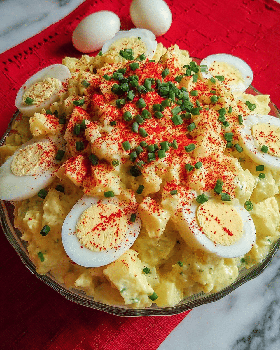 A clear glass bowl filled with creamy yellow potato salad mixed with small cubes of potato, topped with halved boiled eggs placed around and in the middle, dusted with bright red paprika powder, and sprinkled with finely chopped green chives, all set on a white marbled surface with a red cloth nearby. photo taken with an iphone --ar 4:5 --v 7