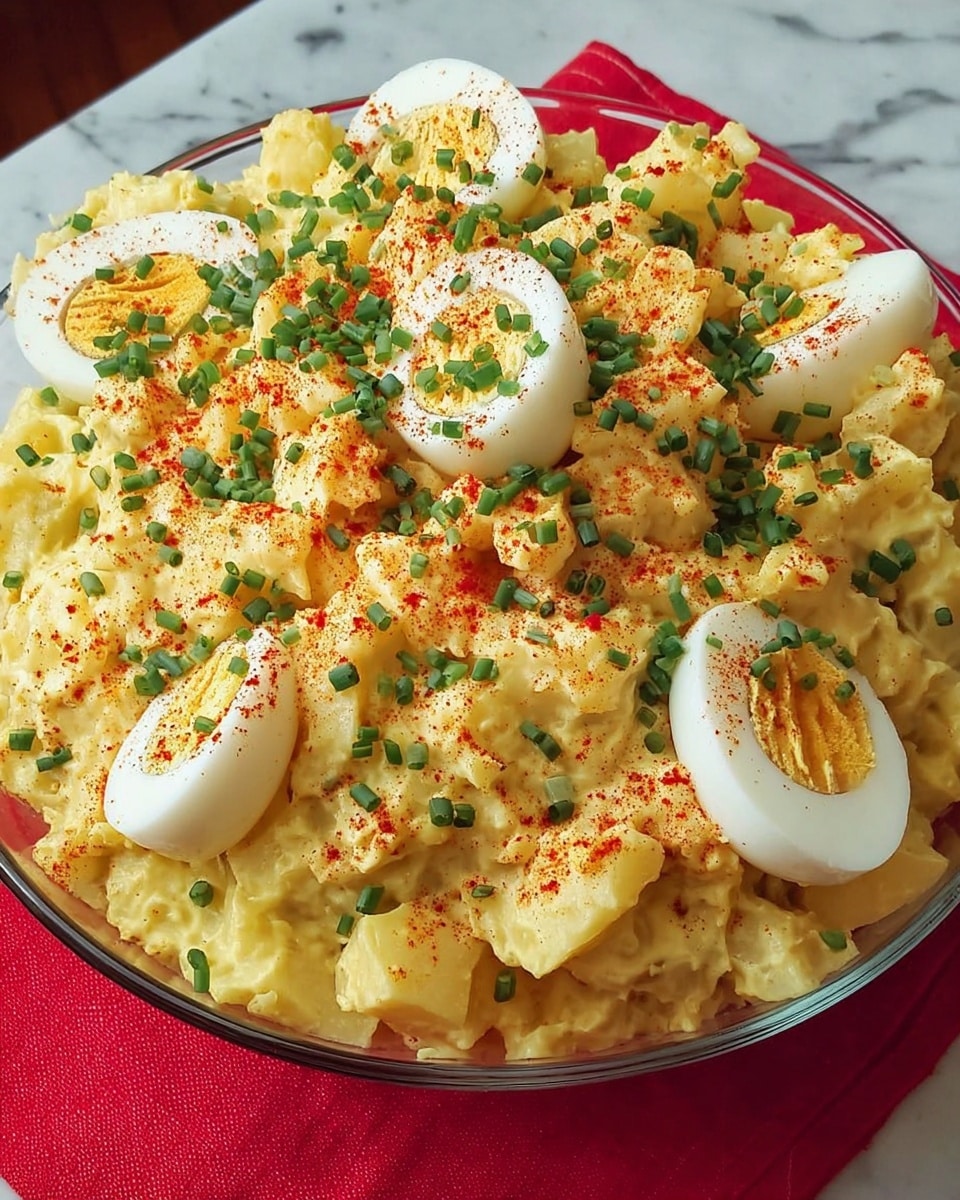 A clear bowl filled with a thick layer of creamy yellow potato salad, mixed with chunks that show a soft texture, topped with several halved hard-boiled eggs placed evenly around the surface. The eggs have bright white edges and soft yellow yolks dusted lightly with red paprika powder. Finely chopped green chives are scattered generously over the top, adding a fresh contrast to the creamy potato and eggs. The bowl is set on a red cloth with a white marbled surface underneath, giving a clean and bright look. photo taken with an iphone --ar 4:5 --v 7