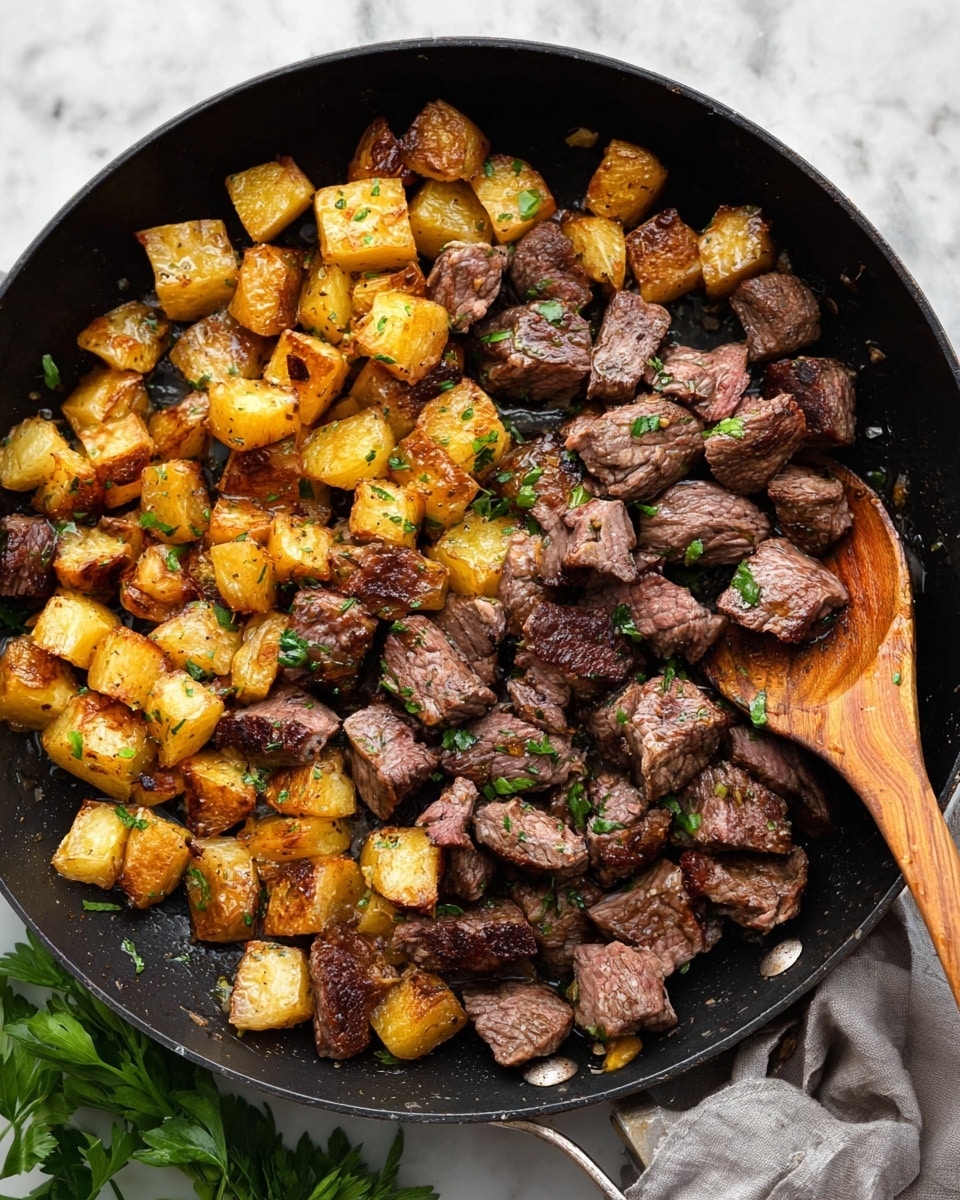 A close-up view of a black skillet filled with two main layers: the bottom layer has golden-brown roasted potato cubes with a slightly crispy texture, and the top layer consists of medium-cooked beef cubes with a brownish-pink sear, scattered evenly throughout. Small green chopped herbs are sprinkled on top of both layers, adding a fresh contrast. A wooden spoon rests on the right side of the skillet, partially covered by the food. The skillet is placed on a white marbled surface with some green herb leaves nearby. photo taken with an iphone --ar 4:5 --v 7