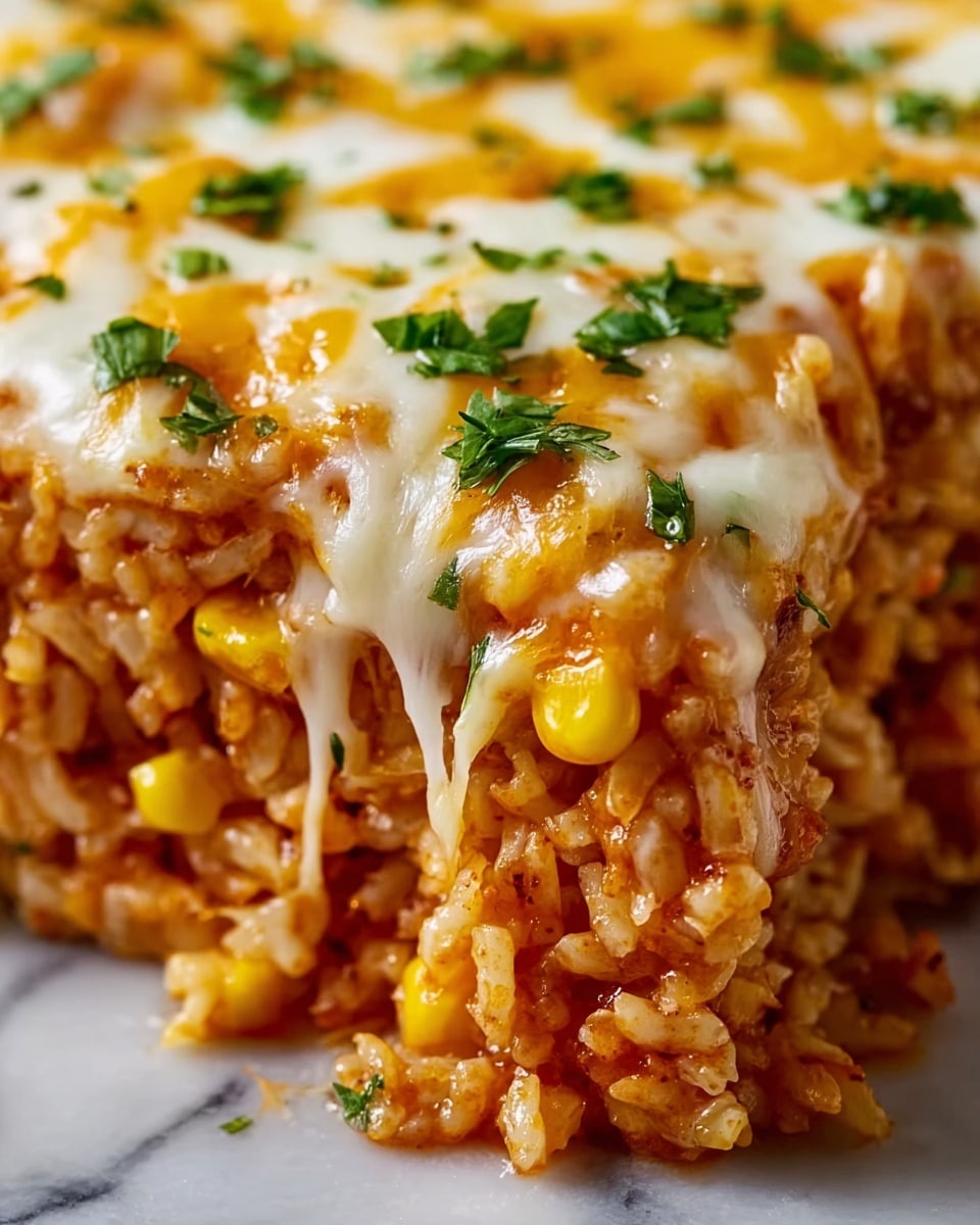 A close-up view of a single layered dish showing cooked rice mixed with small yellow corn kernels and a red sauce, forming the first layer with a moist and slightly chunky texture. On top is a thick layer of melted yellow and white cheese, melting over the rice and stretching in thin strings. Scattered on the cheese are small, bright green pieces of chopped fresh herbs, adding contrast. The entire dish is set against a white marbled surface that is barely visible in the background. Photo taken with an iphone --ar 4:5 --v 7