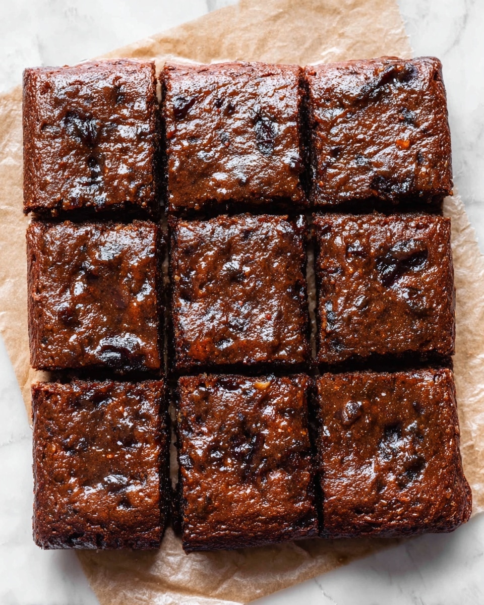 A square grid of nine shiny, moist, dark brown baked bars sits on parchment paper over a white marbled surface. Each bar has a slightly bumpy texture with small, darker spots of what appear to be dried fruit or nuts inside. The edges of the bars are rounded and the top shows an even glaze that catches the light, giving them a sticky, rich look. The bars are cut evenly into three rows and three columns. photo taken with an iphone --ar 4:5 --v 7