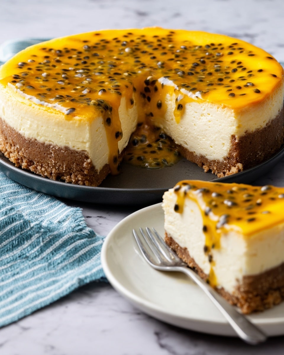 This image shows a cheesecake with three visible layers. The bottom layer is a thick, crumbly brown crust. Above that is a thick, creamy, off-white cheesecake layer that looks soft and smooth. The top layer is a bright yellow passion fruit topping with black seeds spread evenly, and it appears shiny and slightly runny, with some dripping down the cheesecake side. The cheesecake is in a black pan on a white marbled surface. In front, there is a white plate with a slice of the cake and a fork resting on it, with a blue and white striped cloth partially visible nearby. Photo taken with an iphone --ar 4:5 --v 7