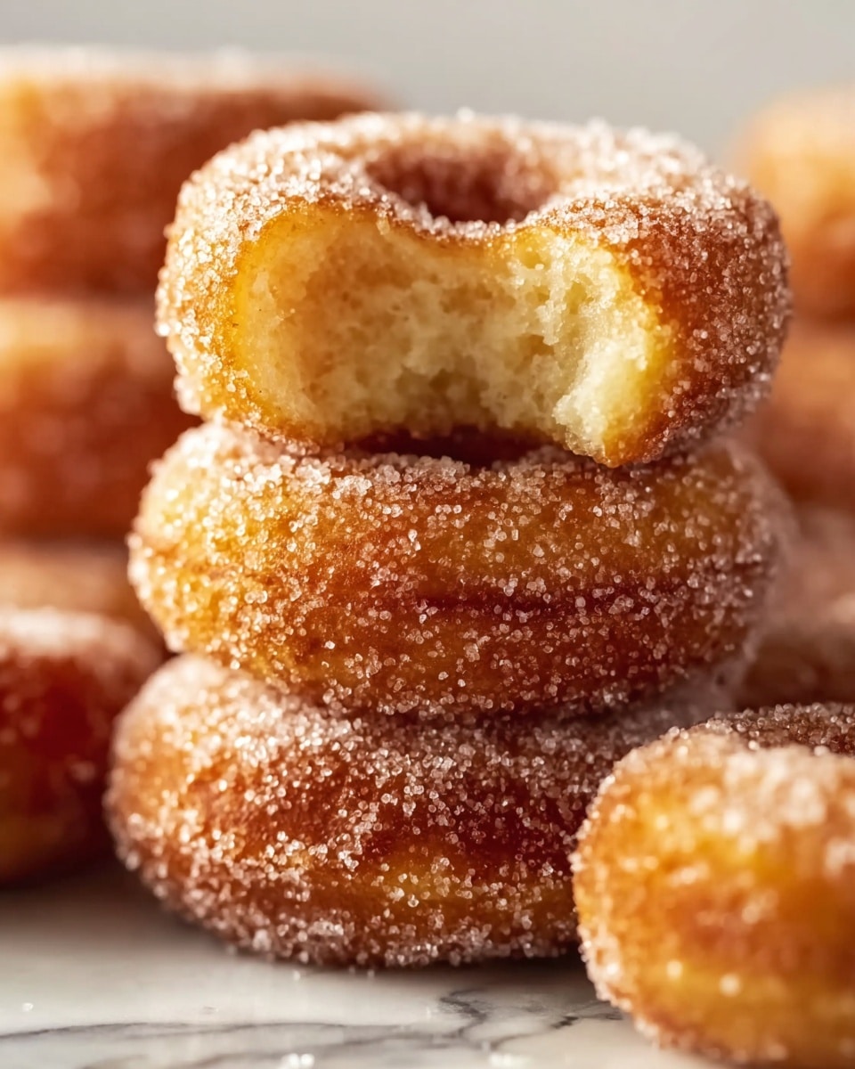 A close-up view of several small donuts stacked on a white marbled surface, each coated with a layer of granulated sugar giving a sparkling texture. The front donut has a bite taken out of it, revealing a soft, light, and airy inside with a golden-brown outer crust. The background donuts are blurred softly, enhancing the focus on the detailed sugar crystals and texture of the bitten donut. photo taken with an iphone --ar 4:5 --v 7