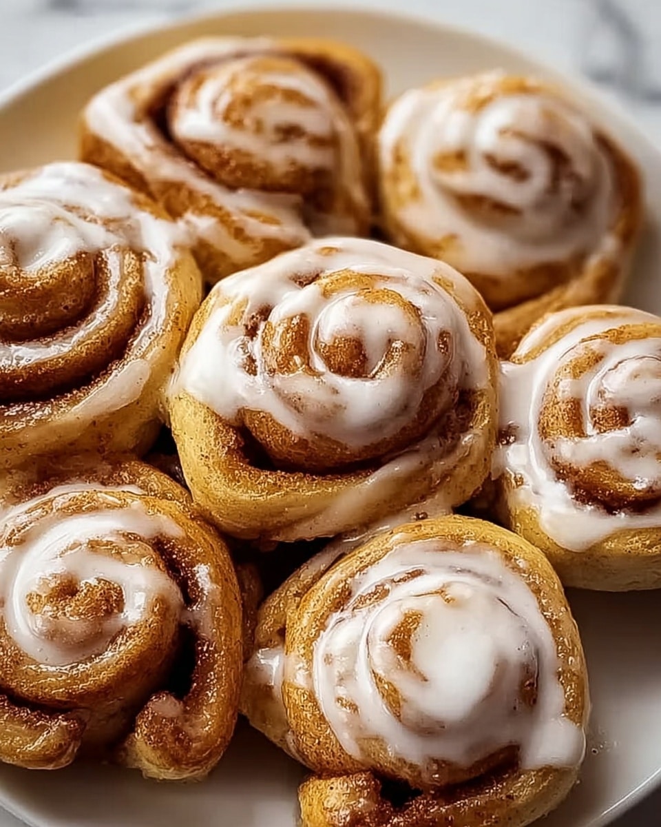 The image shows a close-up of multiple golden brown cinnamon rolls arranged closely together on a white plate. Each roll has a visible spiral shape with a textured surface of baked dough, glistening slightly, and is topped with creamy white icing drizzled unevenly over the top. The swirls of the rolls show darker brown cinnamon filling inside, with the icing adding a smooth contrast to the rougher dough texture. The background is a white marbled surface. photo taken with an iphone --ar 4:5 --v 7
