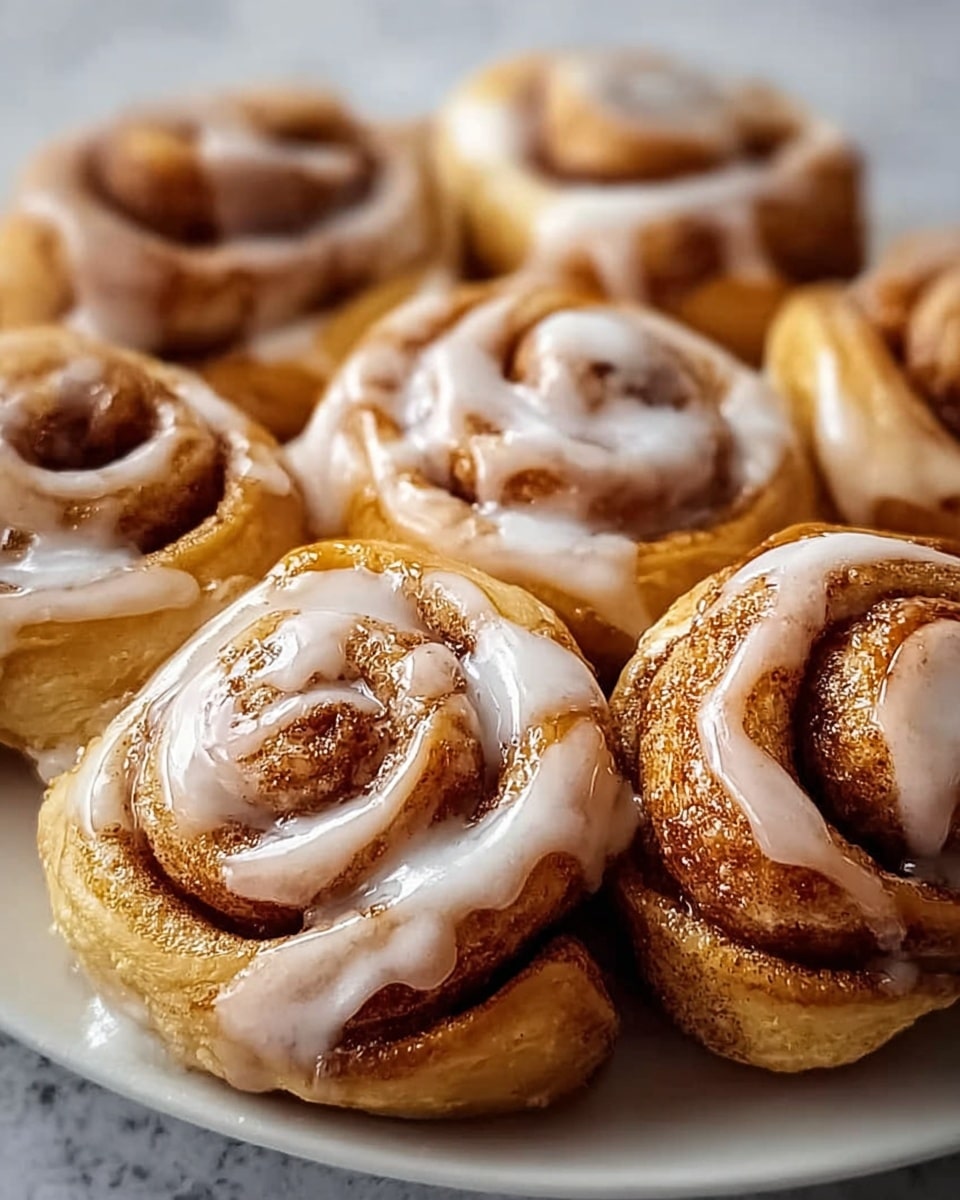 A close-up view of a white plate full of golden brown cinnamon rolls with three visible layers: the outer layer is shiny and slightly crispy, the middle layer shows soft dough swirled with cinnamon sugar, and the center is tightly coiled with a dense cinnamon filling. Each roll is topped with a smooth white glaze drizzled unevenly over the top, creating contrast with the warm tones of the rolls. The background is a white marbled texture. photo taken with an iphone --ar 4:5 --v 7