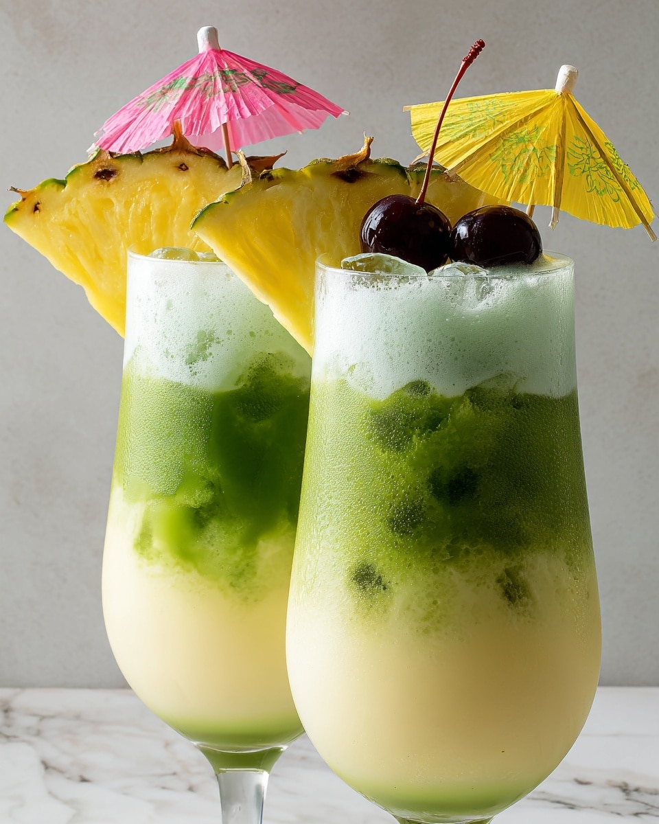 Two tall glasses hold layered green and cream drinks. Each drink has three clear layers: a bottom creamy pale yellow layer, a middle darker green one with ice, and a top foamy green layer. The drinks are garnished with bright yellow pineapple wedges pierced onto the glass rims. One glass also has a small pink paper umbrella, and the other glass has a yellow paper umbrella along with two dark cherries near the pineapple. The background is a white marbled texture. Photo taken with an iphone --ar 4:5 --v 7