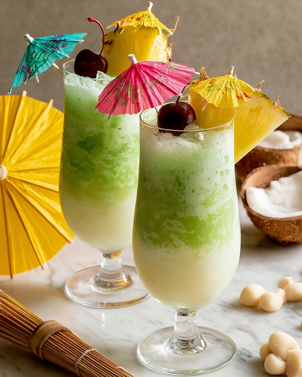 Two tall clear glasses hold a two-layered drink with a smooth creamy white base on the bottom and a thick icy green layer on top, slightly frothy. Each glass is decorated with a bright yellow pineapple wedge and a dark red cherry on top, with a small colorful paper umbrella—one pink, one yellow—poked into the drink near the fruit. The glasses stand on a white marbled surface, surrounded by yellow umbrellas, a bamboo whisk, and coconut pieces in the background. The photo taken with an iphone --ar 4:5 --v 7