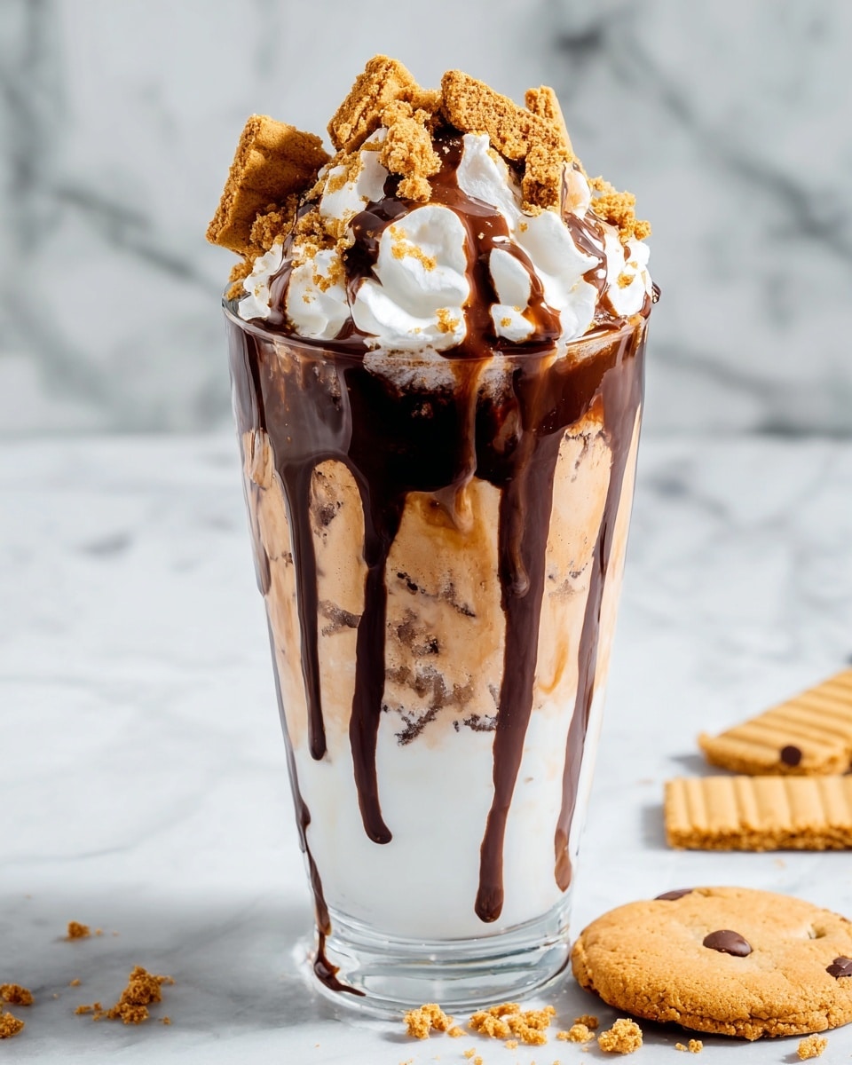 A tall clear glass filled with a layered drink starting with a thick white base layer at the bottom, topped with a light brown creamy middle layer mixed with ice cubes, each layer separated by streaks of dark chocolate syrup dripping down the sides. The top layer is a fluffy white cream generously drizzled with rich chocolate syrup and scattered with chunks of golden brown broken cookies. The glass sits on a white marbled surface with a whole golden brown cookie and some cookie crumbs placed nearby. photo taken with an iphone --ar 4:5 --v 7