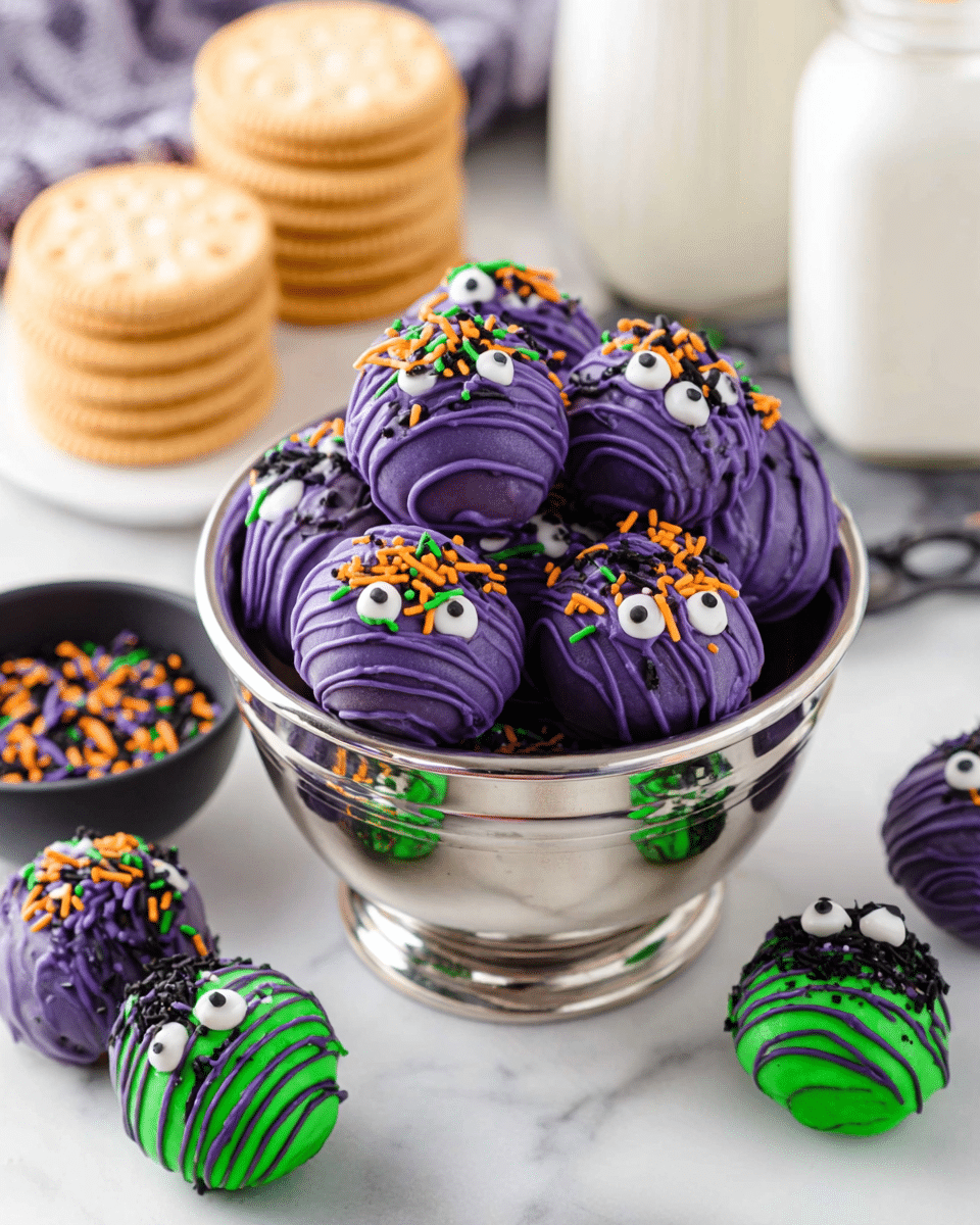 A shiny silver bowl filled with round purple cake balls, each decorated with thin darker purple lines and topped with colorful sprinkles in orange, green, and black, along with a single large white candy eye on each ball. A few green cake balls with similar decoration and eyes are visible near the bowl. Behind the bowl is a small black bowl containing matching sprinkles, a stack of beige sandwich cookies, and a large white jar. The whole scene is set on a white marbled surface. photo taken with an iphone --ar 4:5 --v 7