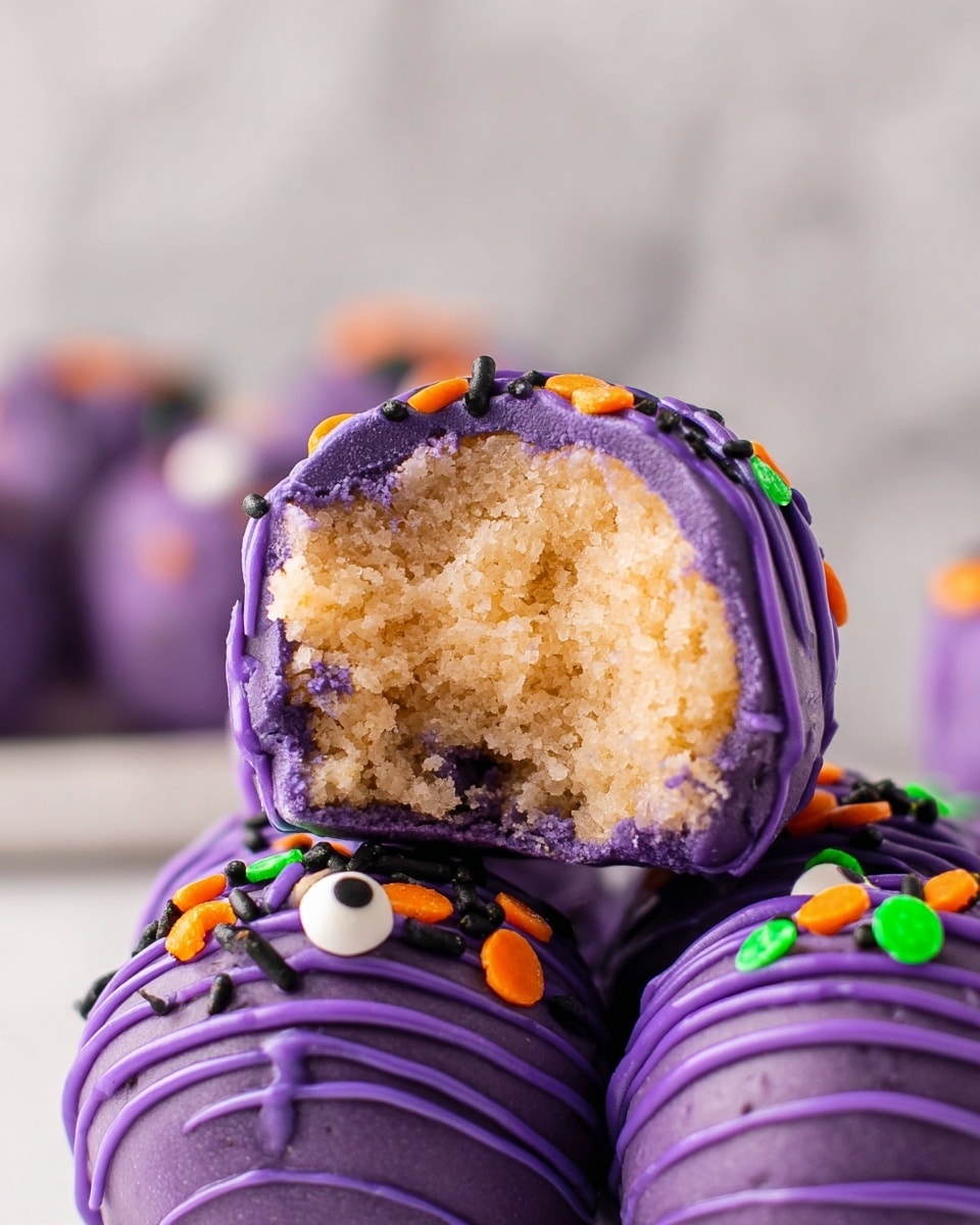 A close-up view of a purple-coated dessert ball with a bite taken out of it, showing a soft, light beige crumbly inside. The outer layer is smooth purple chocolate with a few drizzled purple lines, decorated with small orange, green, and black sprinkles, and a candy eye on some parts. The dessert balls are stacked on a white marbled surface, creating a playful and colorful contrast. photo taken with an iphone --ar 4:5 --v 7