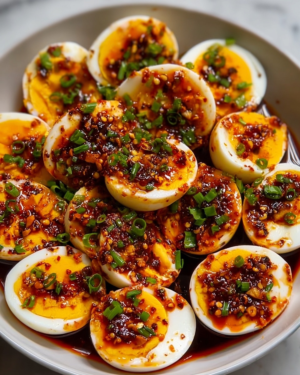 A white bowl filled with two layers of halved boiled eggs arranged closely side by side, each egg showing a bright yellow yolk center and smooth white edges. The egg halves are coated with a thick, shiny red chili oil sauce with visible chili flakes and small bits of garlic, creating a textured, spicy looking surface on top. Green herbs and small chopped green onion pieces are sprinkled over all the eggs, adding contrast with fresh green color. The bowl sits on a white marbled textured surface. photo taken with an iphone --ar 4:5 --v 7