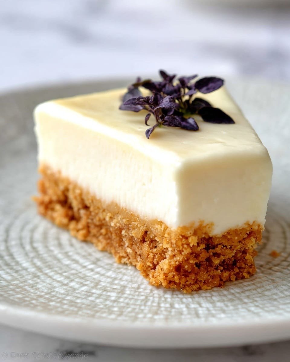 A close-up view of a two-layer dessert slice, showing a bottom layer of crumbly golden brown crust with a coarse texture and a thick, smooth top layer of creamy white filling. The surface of the creamy layer is slightly textured and topped with a small sprig of dark purple leaves. The slice sits on a white plate with a detailed texture, and the background shows a white marbled texture. photo taken with an iphone --ar 4:5 --v 7