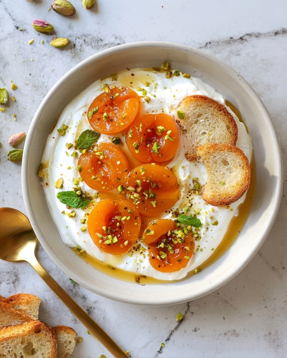 A white bowl with a layer of thick, creamy white yogurt topped with five bright orange apricot halves arranged in a circle, each sprinkled with small green chopped pistachio pieces and accented with fresh green mint leaves. Two small toasted slices of light golden brown bread rest on one side of the yogurt. There is a drizzle of honey in the center of the bowl creating a shiny amber pool, and a golden spoon lies inside the bowl on the left side. The bowl sits on a white marbled surface with some scattered pistachio pieces nearby. Photo taken with an iphone --ar 4:5 --v 7
