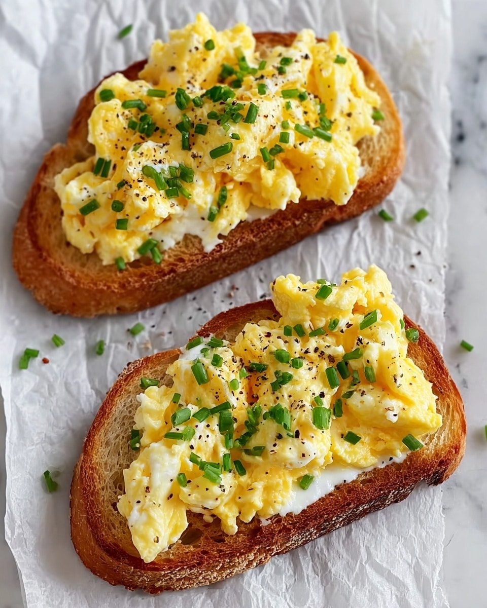 Two slices of toasted bread sit on crinkled white parchment over a white marbled surface. Each slice has a generous layer of fluffy scrambled eggs, showing a mix of soft yellow and white textures. The eggs are topped with small, bright green chopped chives and specks of black pepper, adding color contrast. The toasted bread has a golden brown crust with a slightly rough texture, visible along the edges. photo taken with an iphone --ar 4:5 --v 7