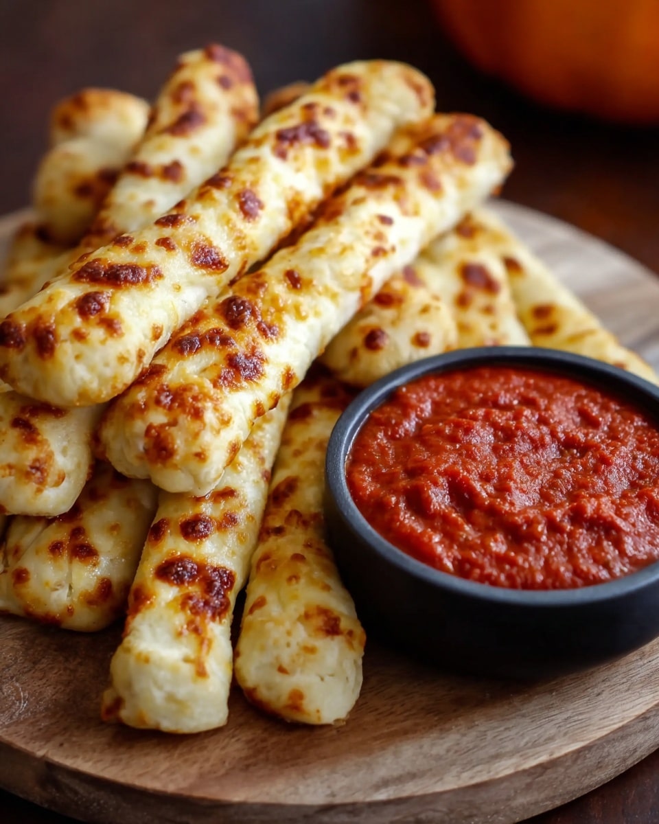 The image shows a round wooden board on a white marbled surface, holding nine golden-brown cheesy breadsticks stacked in a loose pile. The breadsticks have a crispy, bubbly texture with spots of browned cheese on top. Next to the breadsticks, on the right side of the board, is a small black bowl filled with thick, red marinara sauce with a textured surface. The background is softly blurred with warm tones, highlighting the breadsticks and sauce. Photo taken with an iphone --ar 4:5 --v 7