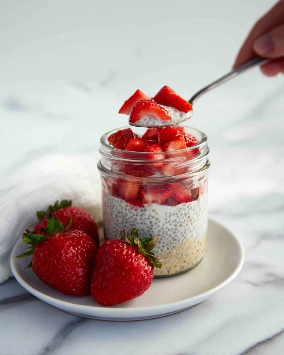 A small clear glass jar holds a layered dessert with a rough light tan crumb base, followed by a thick creamy white chia pudding mixed with tiny black chia seeds. This is topped with a layer of red strawberry chunks, then another layer of the chia pudding, and topped again with bright red strawberry pieces. A spoon is inside the jar, held by a woman's hand from above. Fresh whole strawberries with green leaves rest on a white plate next to the jar, all placed on a white marbled surface. photo taken with an iphone --ar 4:5 --v 7