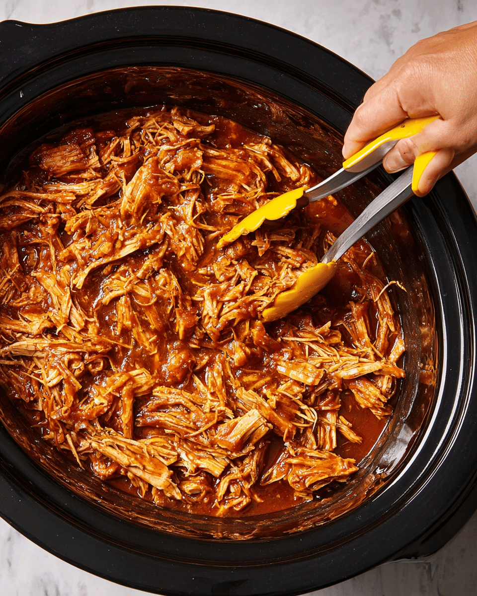 The image shows a black slow cooker filled with shredded chicken covered in a thick, dark orange sauce. The chicken is stringy and soft, evenly mixed with the sauce, making the dish look rich and juicy. A woman's hand is holding yellow tongs, lifting some of the chicken, with the white marbled surface around the slow cooker visible in the background. photo taken with an iphone --ar 4:5 --v 7