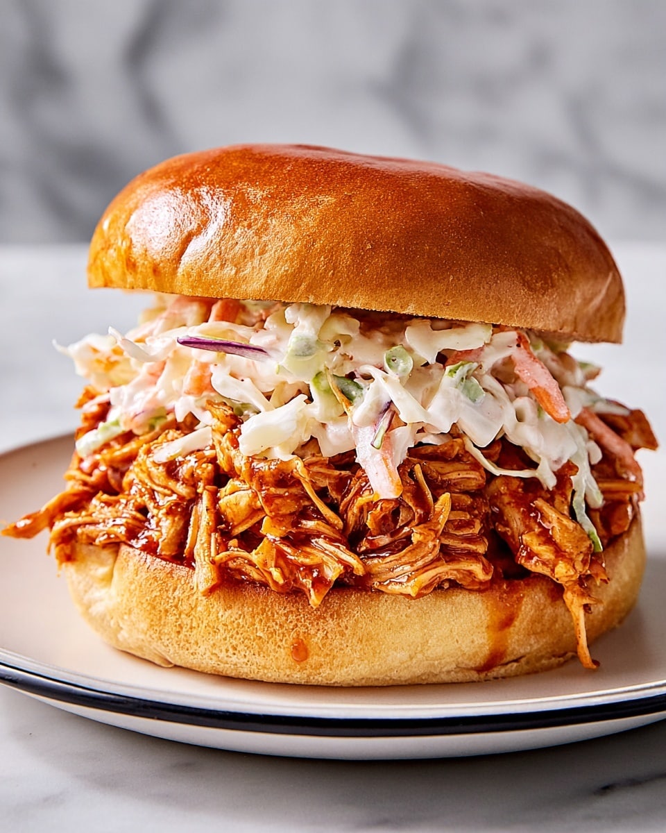 A pulled chicken sandwich sits on a white plate with a black rim, placed on a white marbled surface. The sandwich has a shiny golden brown bun on top, with a thick layer of saucy shredded chicken underneath, showing rich orange and reddish tones from the sauce. Above the chicken is a layer of creamy coleslaw with white and light purple shredded cabbage mixed with pale carrots, adding a soft texture. The sandwich bottom bun is a light tan color, soft but firm enough to hold the filling. Photo taken with an iphone --ar 4:5 --v 7