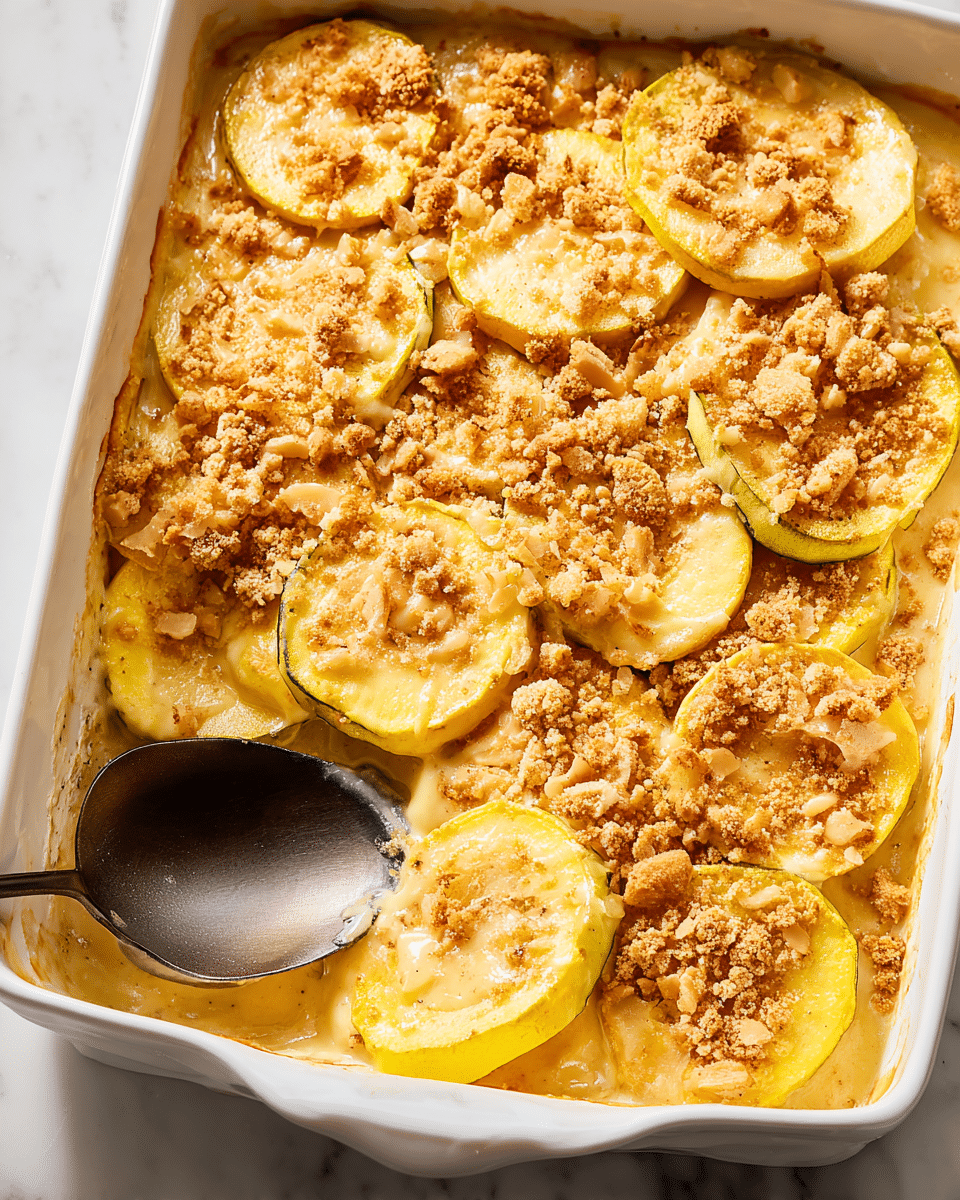 A white square baking dish filled with layered yellow squash slices covered in a creamy, light yellow sauce, topped with golden brown, crumbly breadcrumbs that add texture. The squash slices are thick and soft, layered evenly across the dish, with a few visible edges peeking through the sauce and crumbs. A dark metal serving spoon sits partially inside the dish, scooping a portion out from the bottom left corner. The dish rests on a white marbled surface, creating a clean and bright background. photo taken with an iphone --ar 4:5 --v 7