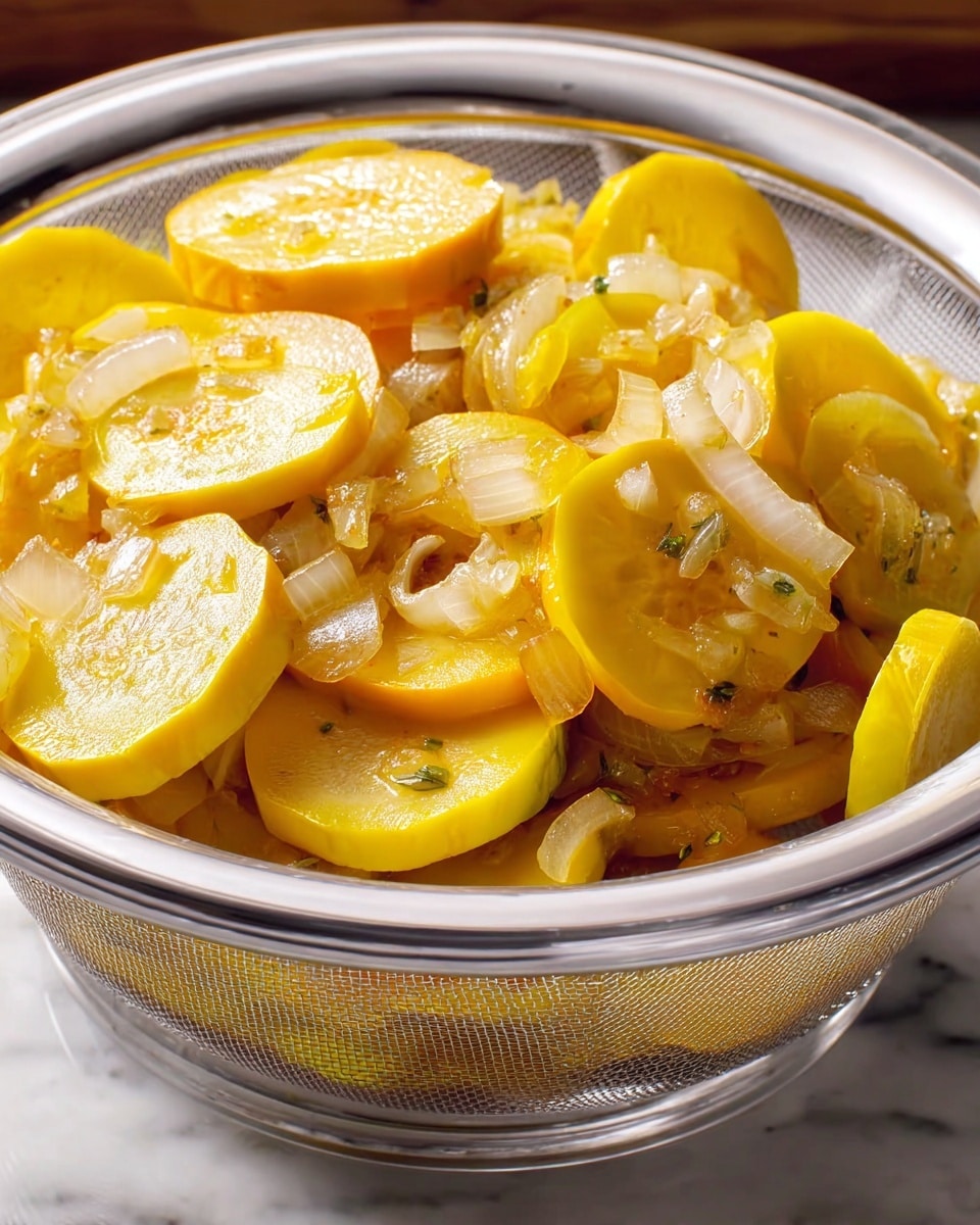 A clear glass bowl holds a white mesh strainer filled with yellow squash slices and small diced onions. The squash slices are bright yellow with a soft texture, and the onions are translucent with a light golden color, scattered evenly on top and mixed throughout. The bowl is placed on a white marbled surface, and the background is softly blurred, highlighting the fresh cooked look of the vegetables. photo taken with an iphone --ar 4:5 --v 7