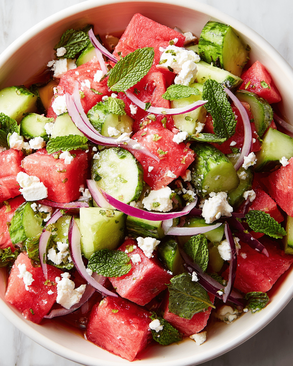 A white bowl filled with a fresh salad showing three main layers: large pink-red watermelon cubes with a juicy texture, medium green cucumber chunks with a smooth and firm look, and thin slices of purple-red onion scattered throughout. White crumbled feta cheese is sprinkled richly over the top layer, along with dark green fresh mint leaves adding a textured contrast. The bowl sits on a white marbled surface. Photo taken with an iphone --ar 4:5 --v 7