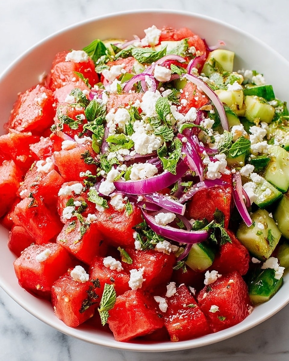 A white bowl filled with a colorful watermelon salad, showing multiple layers: the bottom layer has bright green cucumber chunks and watermelon cubes in rich red, mixed with purple-red thin slices of onion, while the top is sprinkled with crumbled white cheese and fresh green herbs scattered all over, giving a fresh and juicy look on a white marbled surface. photo taken with an iphone --ar 4:5 --v 7