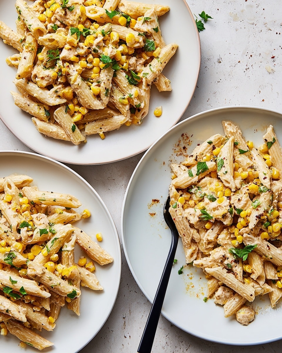 Three white round plates hold creamy penne pasta mixed with roasted corn kernels and small pieces of chicken. The pasta is light yellow, coated evenly in a creamy sauce with small green herb leaves scattered on top, adding contrast. A black spoon rests on the right plate, partially buried under the pasta. The plates are set on a white marbled textured surface, showing small spots of sauce and corn around them. photo taken with an iphone --ar 4:5 --v 7