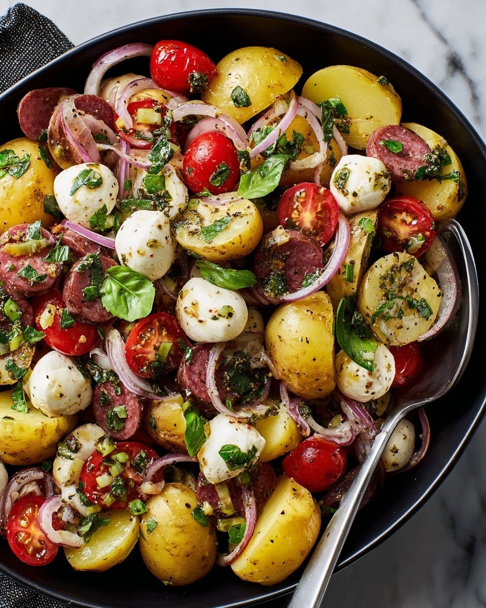 A close-up view of a mixed salad in a black bowl, showing several layers and colors: round yellow potatoes cut in halves and whole at the bottom, topped with halved red cherry tomatoes, white mozzarella balls, thin slices of light purple onion, dark brown olive slices, and small pieces of red salami. Fresh green basil leaves and scattered chopped green herbs cover the salad, while a visible mix of olive oil and spices adds a light shine and speckled texture throughout the dish. The scene is set on a white marbled surface with a stainless steel spoon partially visible in the bottom right corner. Photo taken with an iphone --ar 4:5 --v 7