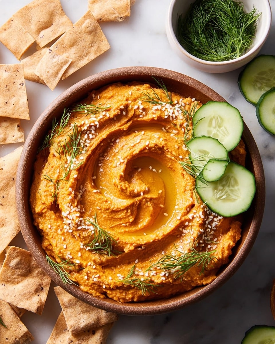 The image shows a round brown bowl filled with smooth orange hummus spread in swirled layers, topped with white sesame seeds, fresh green dill sprigs, and a few cucumber slices arranged near the edge inside the bowl. The hummus has a glossy spot of oil in the center of the swirls that give it a rich texture. Around the bowl on a white marbled surface, there are scattered light beige pita chips and a small white bowl filled with fresh dill needles. Two cucumber slices are also placed near the top right corner of the bowl. photo taken with an iphone --ar 4:5 --v 7