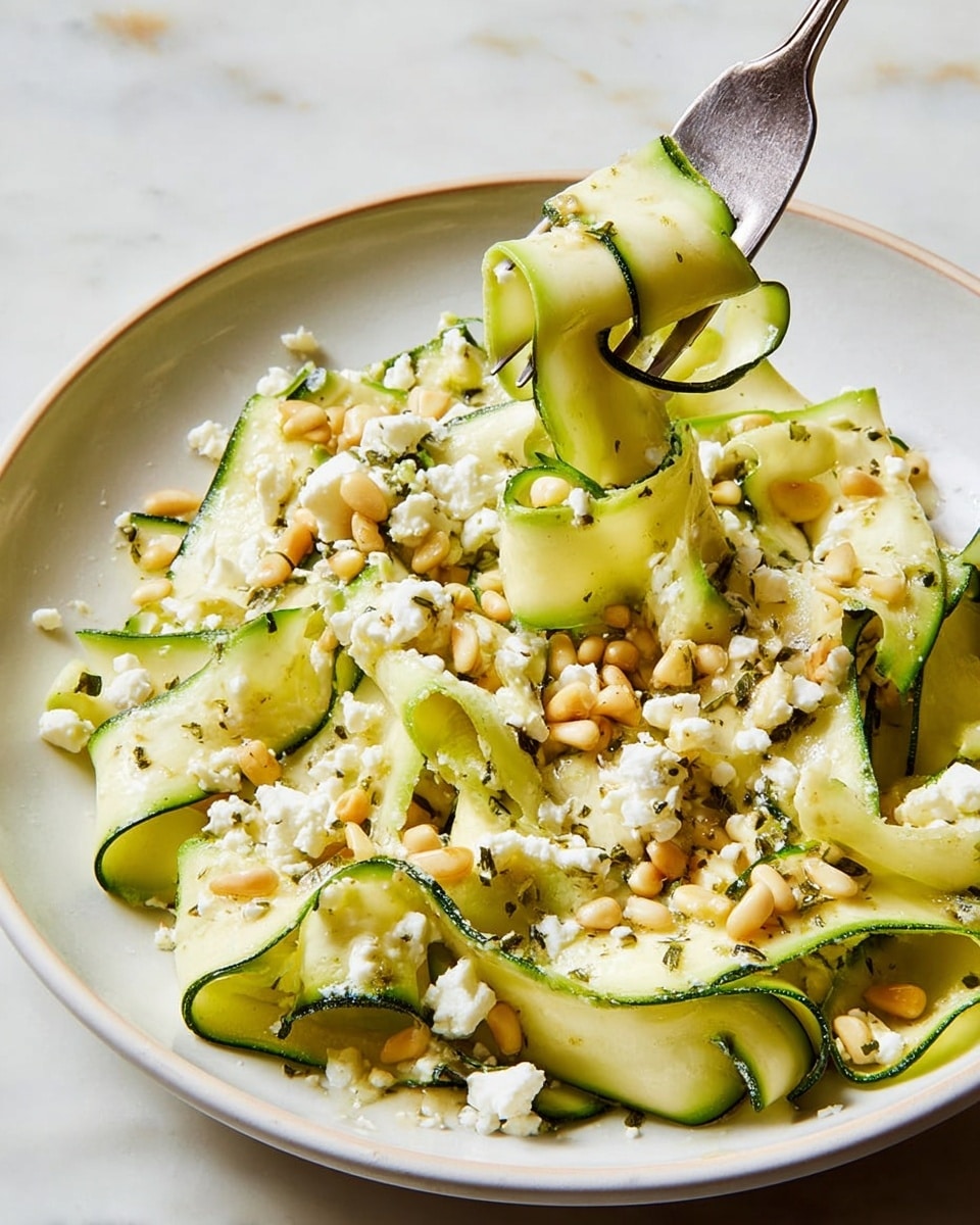 The dish shows thin, wide, pale green zucchini ribbons with darker green edges layered evenly in a shallow white bowl, mixed with small crumbles of white cheese scattered all over. Light brown toasted pine nuts are spread throughout the zucchini, adding texture. A fork lifts a few zucchini ribbons from the bowl, showing their soft, slightly translucent texture. The whole scene is set against a white marbled texture surface. photo taken with an iphone --ar 4:5 --v 7