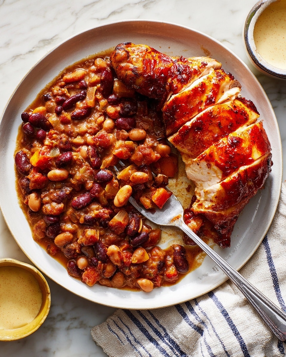 A white plate holds a colorful meal with two main parts: on the left side is a rich, thick chili made of beans in dark brown, red, and tan colors mixed with chunks of tomato and meat sauce, and on the right side is a shiny, reddish-brown glazed chicken leg with visible layered white meat inside where it is cut. A silver fork rests on the chili with beans stuck on its prongs. The plate is set on a white marbled surface next to a striped white and blue cloth napkin and a small white bowl of creamy sauce near the top right corner. photo taken with an iphone --ar 4:5 --v 7