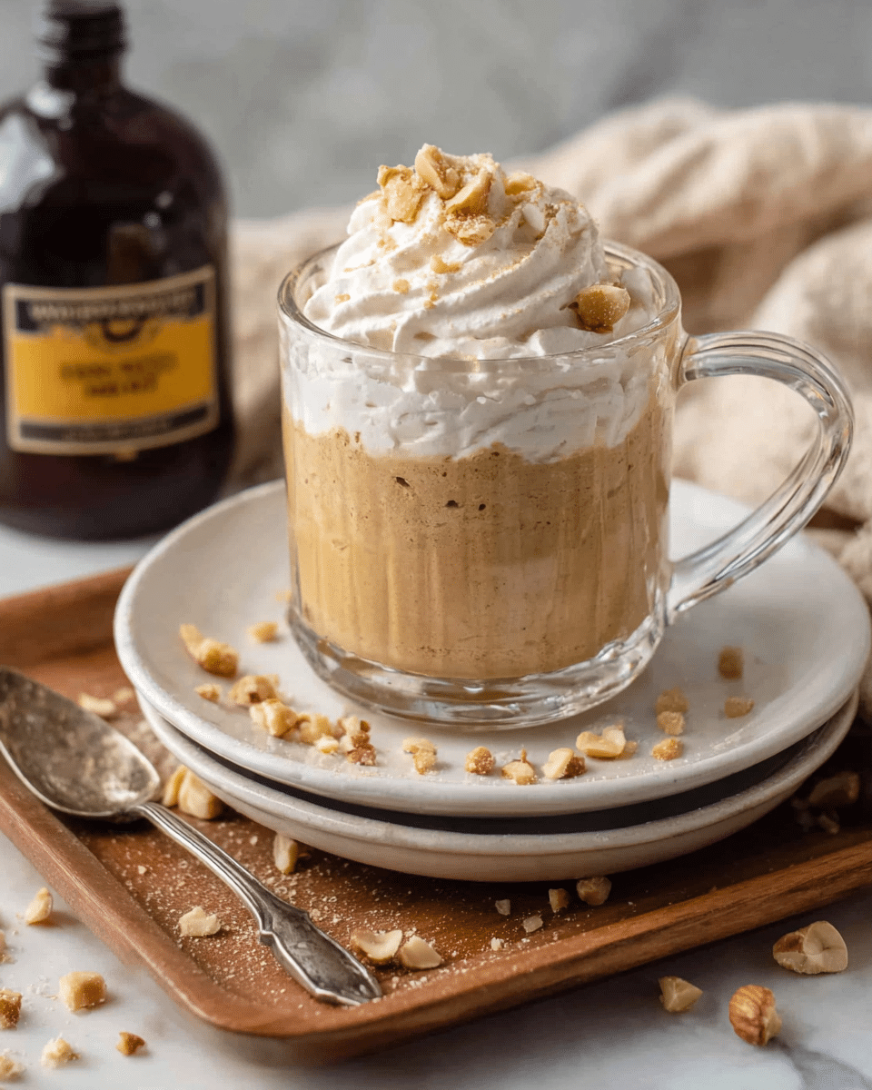 A clear glass mug filled with a thick light brown mousse-like dessert forms the main layer, topped with a fluffy white whipped cream layer that has a textured swirl pattern. On top of the whipped cream, pieces of light brown nuts are scattered, adding texture and color contrast. The mug sits on a stack of three white plates, and more small nut pieces are spread around the base on the plates and a wooden tray underneath. To the left on the tray is an antique silver spoon, and in the background, there is a dark bottle with a yellow label and a beige cloth. The surface is a white marbled texture. photo taken with an iphone --ar 4:5 --v 7
