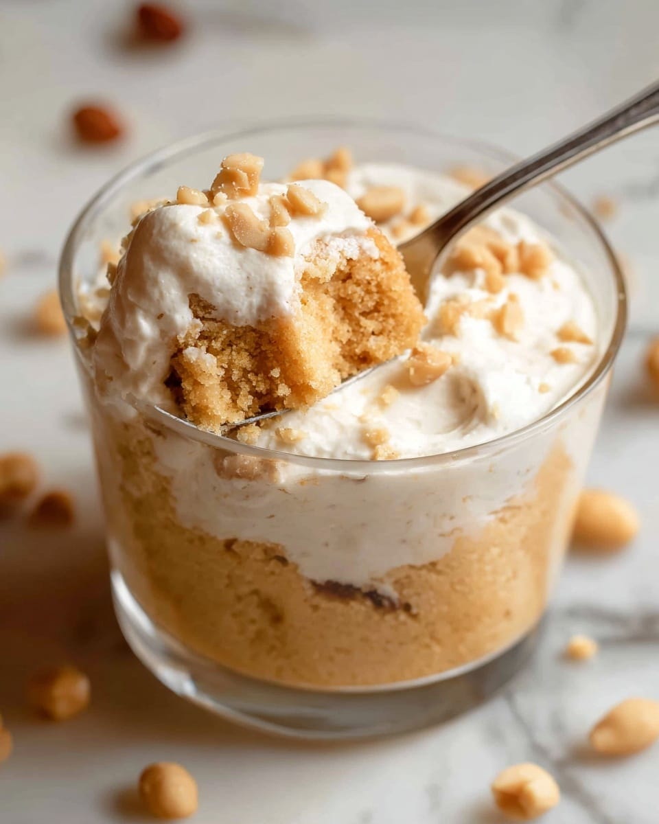 This image shows a clear glass cup filled with two layers of a soft dessert. The bottom layer is a light brown, moist, spongy cake with a crumbly texture. On top, there is a creamy white layer of frosting or whipped topping that looks smooth and thick. Small pieces of crushed peanuts are scattered on the cream. A silver spoon is scooping up some of the dessert, showing the soft cake beneath the cream. The cup is placed on a white marbled surface with some peanuts scattered around. Photo taken with an iphone --ar 4:5 --v 7