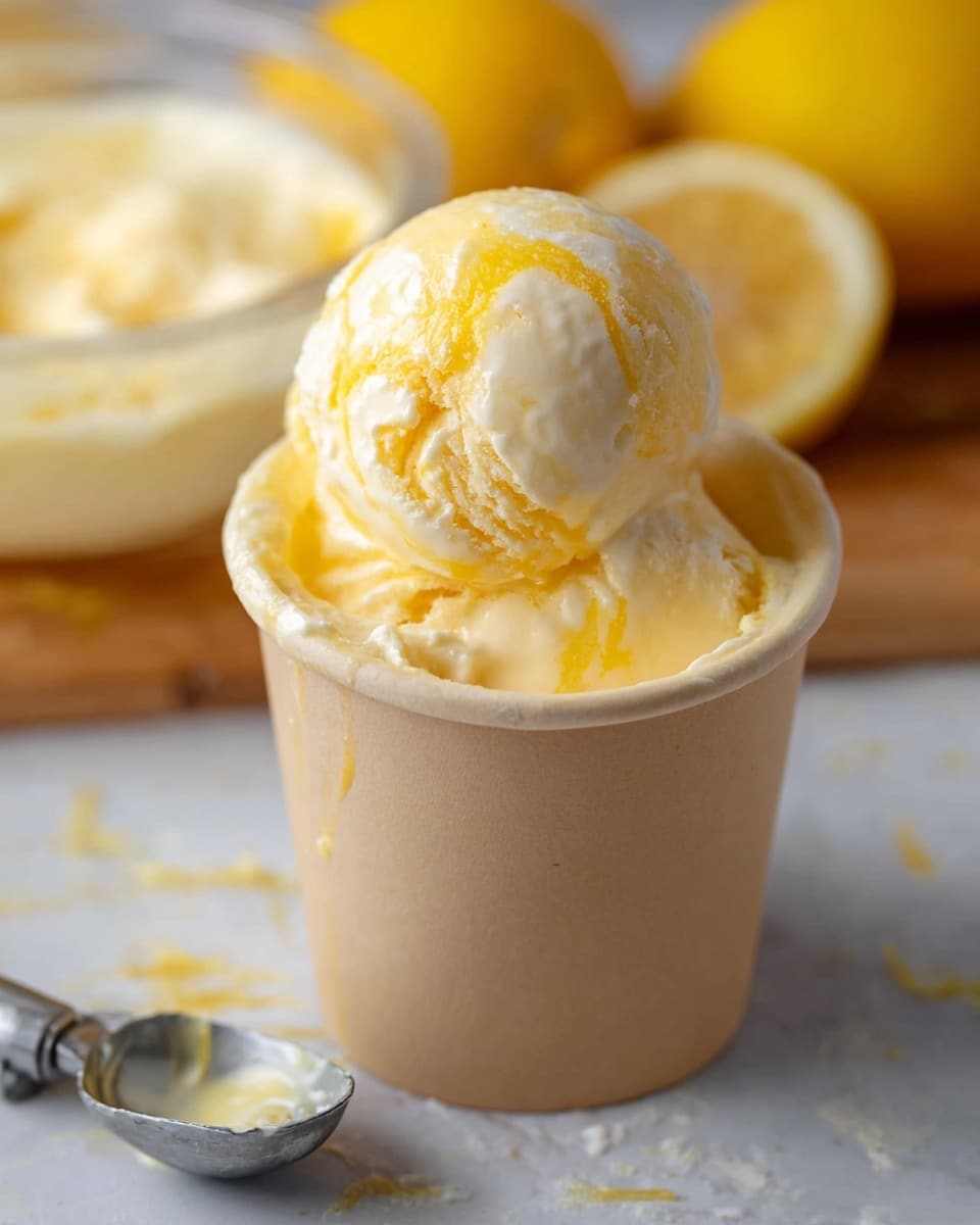 The image shows a single scoop of creamy pale yellow ice cream with swirls of brighter yellow, placed on top of a larger amount of the same ice cream inside a beige paper cup. The ice cream has a smooth and soft texture with visible swirls giving it a marbled effect. In the background, there are blurred yellow lemons and a clear bowl with more yellow mixture, all set on a white marbled surface. A metal ice cream scoop lies in the foreground on the white marbled surface. Photo taken with an iphone --ar 4:5 --v 7