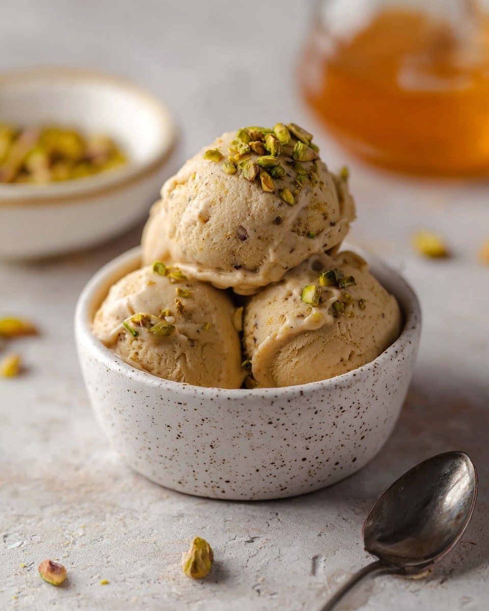 A small white speckled bowl holds three scoops of light brown ice cream with visible small nut pieces mixed in. The top scoop is sprinkled with chopped greenish-brown pistachio nuts. In the background, slightly out of focus, there is a white bowl filled with golden honey on a white marbled surface. A silver spoon rests in the foreground near the bowl of ice cream. photo taken with an iphone --ar 4:5 --v 7
