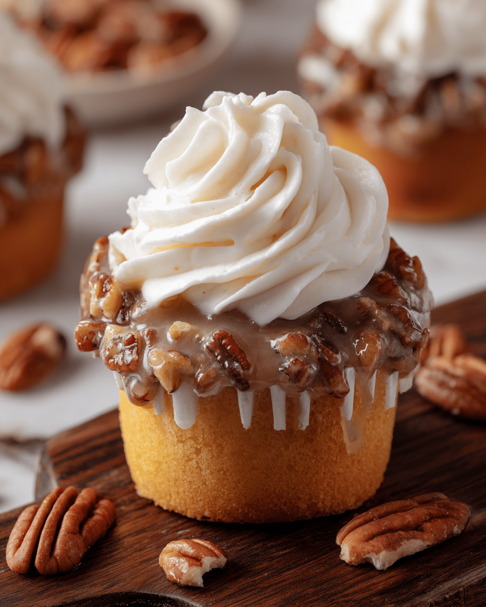 The image shows a close-up of a cupcake with three visible layers: a golden brown cake base at the bottom, covered by a shiny, light brown glaze mixed with chopped pecans forming the middle layer, and topped with a swirl of smooth, white whipped cream. The cupcake liner is white and the pecans are rich brown, adding texture and contrast. The cupcake sits on a dark wooden board with scattered pecans around it, all placed on a white marbled texture surface. Photo taken with an iphone --ar 4:5 --v 7