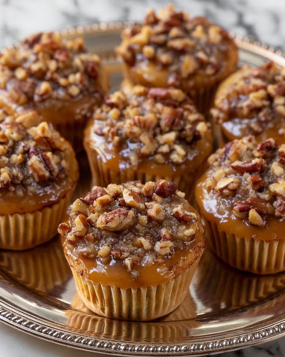 A close-up view of multiple mini cupcakes arranged on a shiny silver tray with detailed edges. Each cupcake has a light golden-brown base with vertical ridged paper liners. The top layer is covered with a glossy caramel glaze and generously sprinkled with chopped, dark brown pecans and walnuts, creating a rough, chunky texture that contrasts with the smooth glaze. The background shows a white marbled texture. photo taken with an iphone --ar 4:5 --v 7