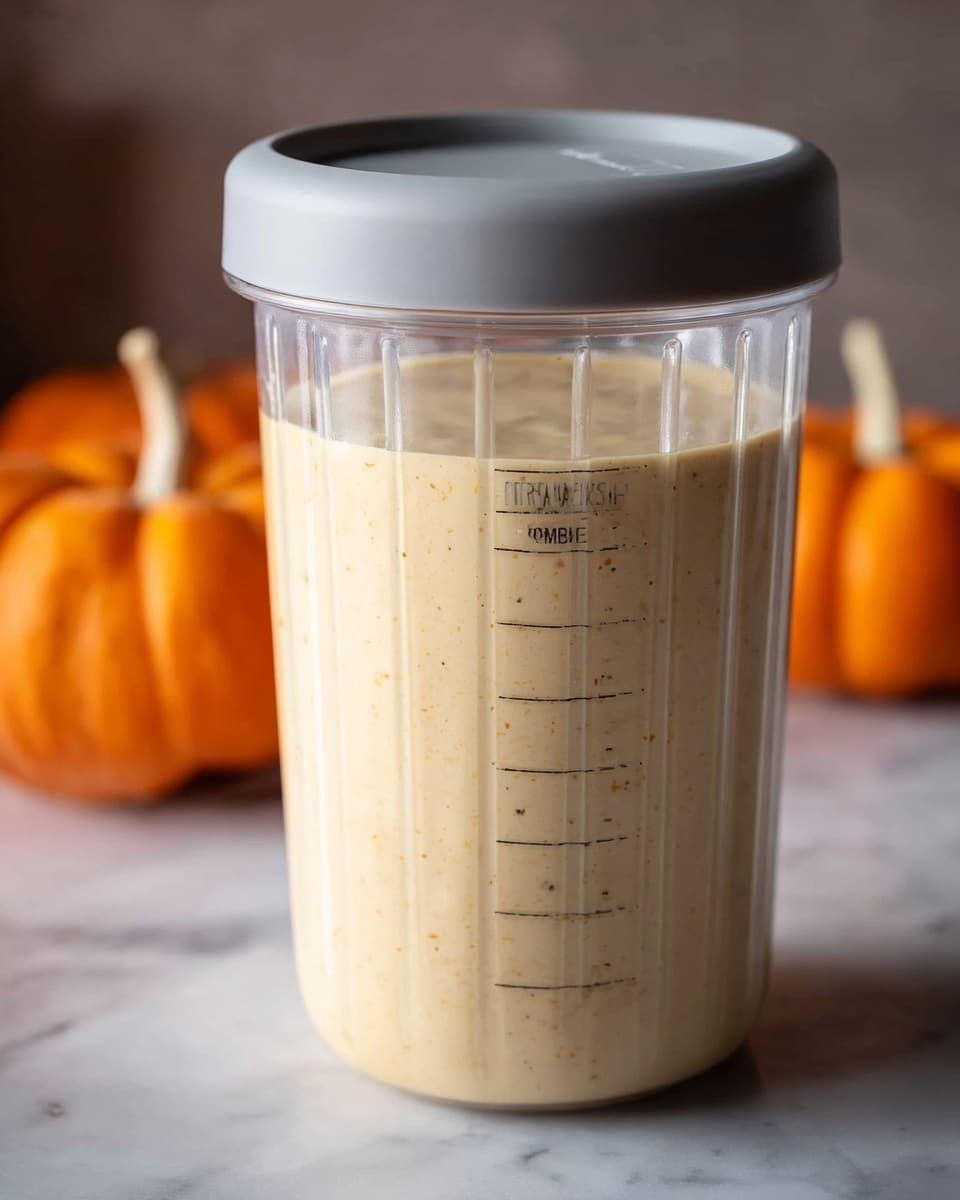 The image shows a clear container with a grey lid filled with a smooth, creamy beige liquid that has small specks throughout, suggesting a spiced or blended drink. The container has printed black measurement marks and text on the side. In the background, slightly blurred, are two small orange pumpkins sitting on a white marbled surface, adding a seasonal, cozy feel to the scene. The lighting is soft and natural, highlighting the creamy texture of the liquid inside the container. Photo taken with an iphone --ar 4:5 --v 7
