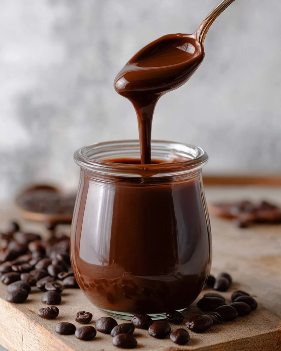 The image shows a clear glass jar filled with thick, smooth dark brown chocolate sauce up to the top. A spoon dipped into the jar lifts the glossy chocolate, with a drip falling back into the jar, showing the rich and creamy texture of the chocolate. Around the jar, scattered dark brown coffee beans rest on a lightly textured wooden surface, contrasting with the chocolate. The background is softly blurred with a white marbled texture, keeping the focus on the jar and spoon. photo taken with an iphone --ar 4:5 --v 7