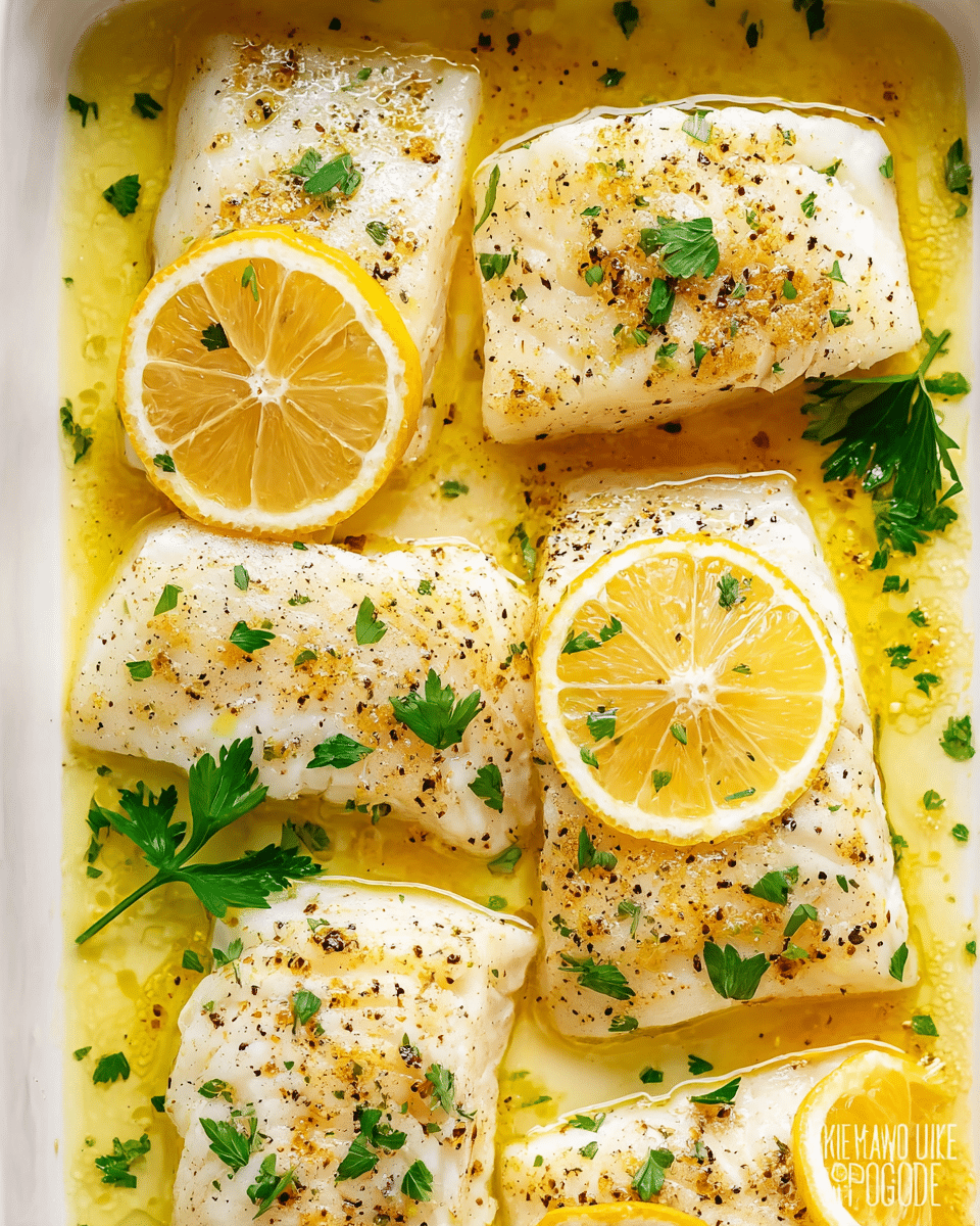 The image shows a close-up of five white cooked fish fillets arranged in a white tray with a yellow lemon butter sauce. Each fish piece is seasoned with black pepper and small chopped green herbs. Two thin lemon slices rest on top of the fish, one at the top left corner and the other near the bottom right. Small sprigs of fresh parsley add a touch of green among the fish and sauce. The sauce underneath the fish is glossy and slightly bubbly, creating a moist and rich texture around the fillets. The background is a white marbled texture. photo taken with an iphone --ar 4:5 --v 7