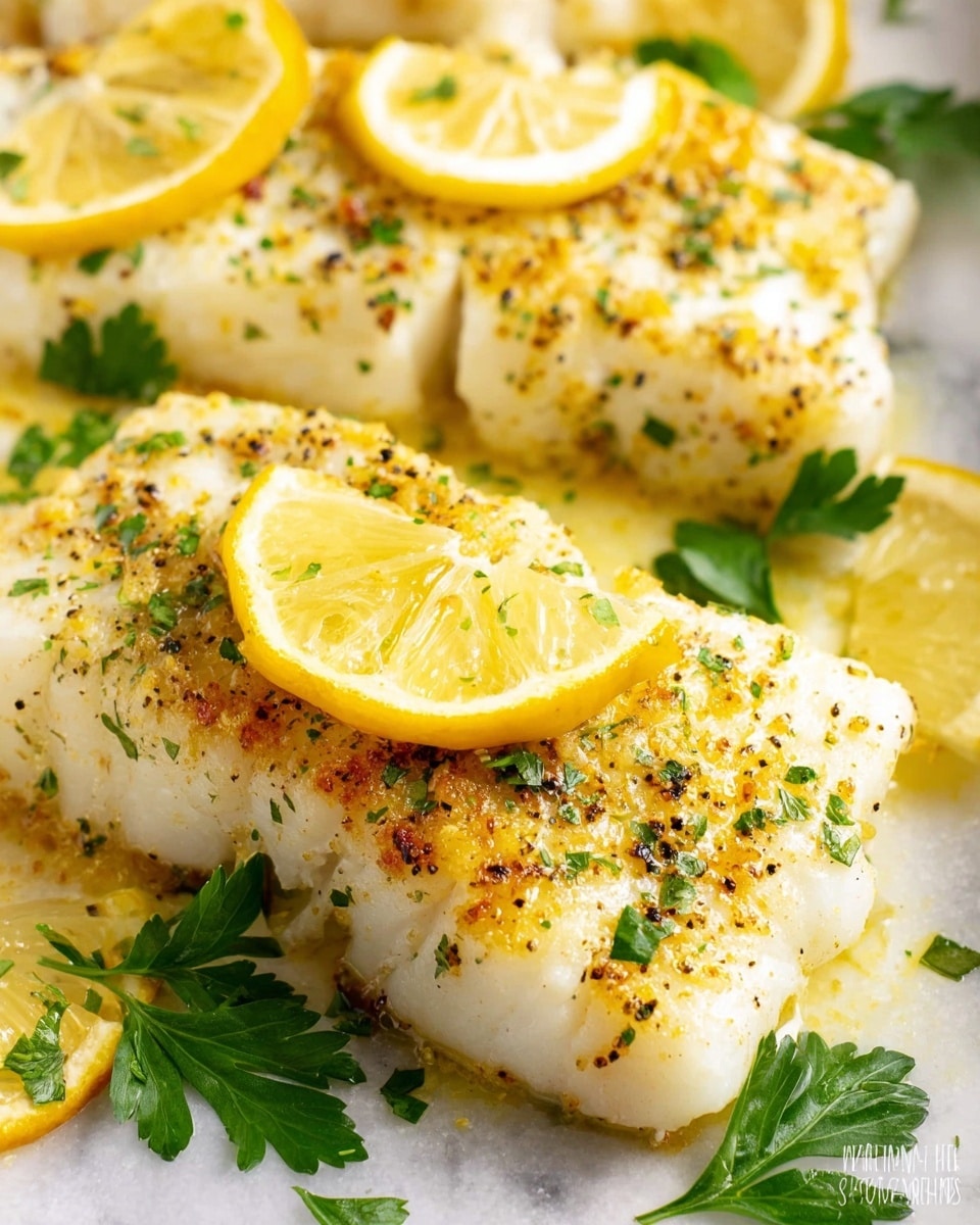 The image shows several thick, white fish fillets with a light golden crust, placed closely together on a white marbled surface. Each fillet is sprinkled with small bits of green herbs and black pepper. There are bright yellow lemon slices layered partly on top of the fish, adding a fresh contrast. On the sides, fresh green parsley leaves are scattered, adding a touch of color and freshness. The fish looks moist and cooked with a light sauce coating the bottom. photo taken with an iphone --ar 4:5 --v 7