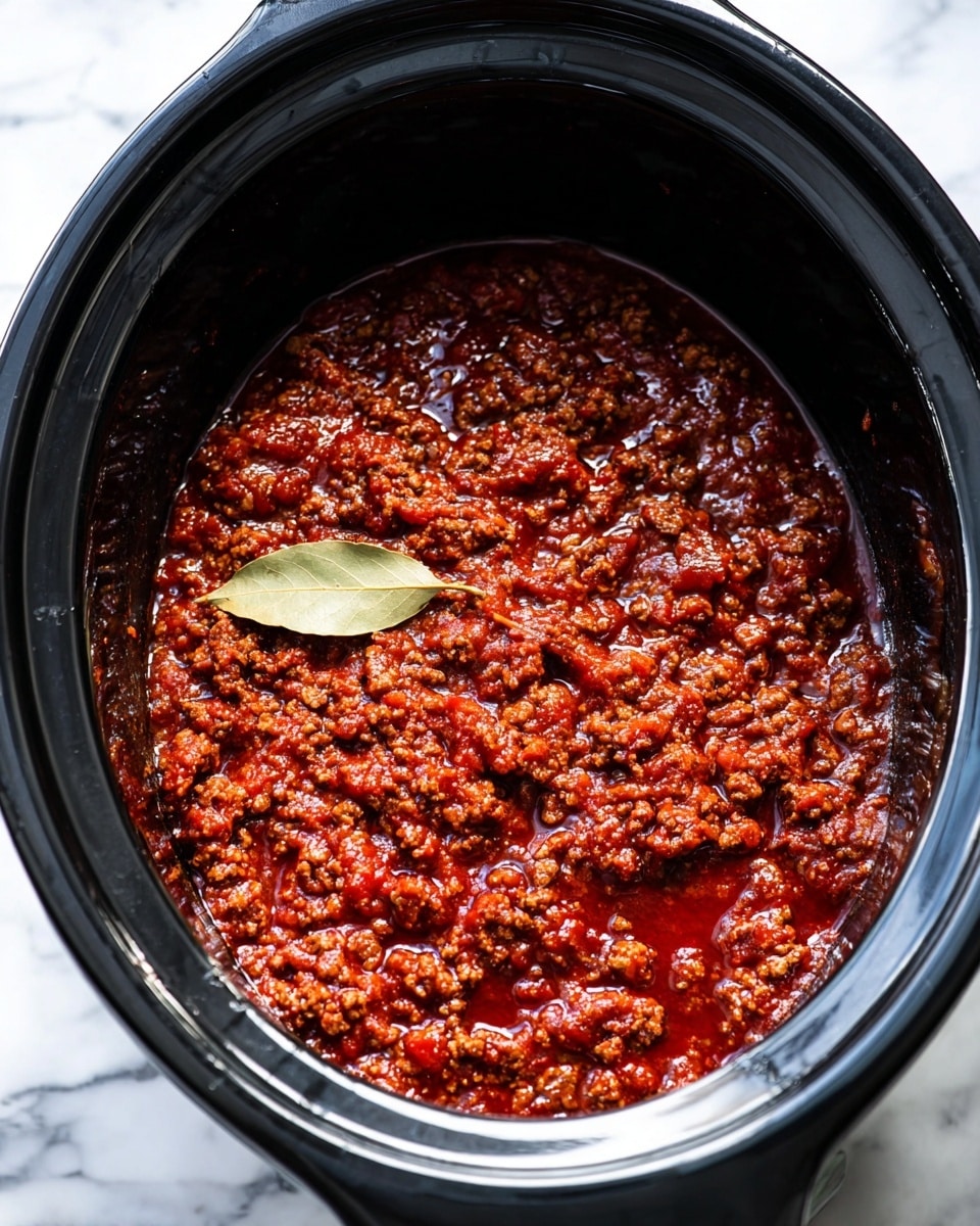 Inside a black slow cooker, there is a thick layer of rich red meat sauce with visible small chunks of ground meat mixed in a glossy tomato base. The sauce looks well cooked with an oily shine on top, and a single bay leaf lies flat near the center. The slow cooker interior is dark and smooth, contrasting with the vibrant red sauce. The background features a white marbled texture. photo taken with an iphone --ar 4:5 --v 7