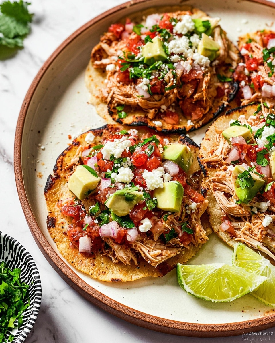 Three tostadas sit on a large white plate with a brown rim on a white marbled surface. Each tostada has a base layer of slightly charred, crispy corn tortilla with a rough texture. On top, shredded light brown chicken covers the tortillas fully. Scattered on the chicken are small white onion pieces and bright red chopped tomatoes. There are chunks of light green avocado and small crumbles of white cheese spread evenly. Bright green cilantro leaves sit on top as a garnish. Two lime wedges with pale green and yellow inner flesh rest on the plate beside the tostadas. A white bowl with a black zigzag pattern filled with chopped green herbs is visible on the left side. Photo taken with an iphone --ar 4:5 --v 7
