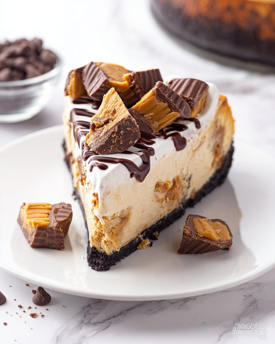 A slice of cheesecake with three visible layers is on a white plate on a white marbled surface. The bottom layer is a thin, dark chocolate crust. The middle layer is thick and creamy with a light caramel color and visible chunks inside. The top layer is a smooth, white whipped cream spread thinly. On top of the whipped cream are several chopped chocolate peanut butter cups with some full pieces, drizzled with dark chocolate sauce. Small pieces of the peanut butter cups are scattered on the plate near the slice. In the background, there is a glass bowl filled with dark chocolate chips, slightly out of focus. photo taken with an iphone --ar 4:5 --v 7