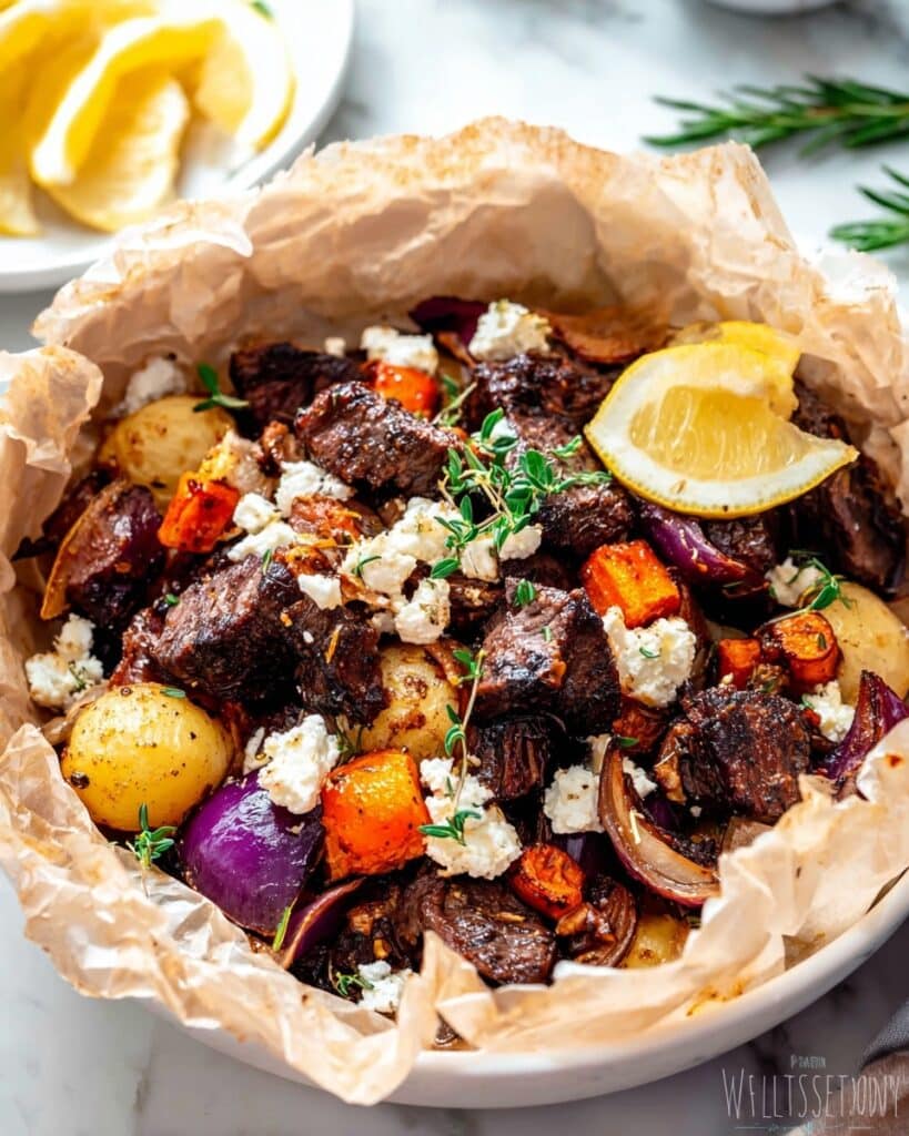 Greek Lamb Kleftiko Baked in Parchment with Vegetables and Feta Recipe