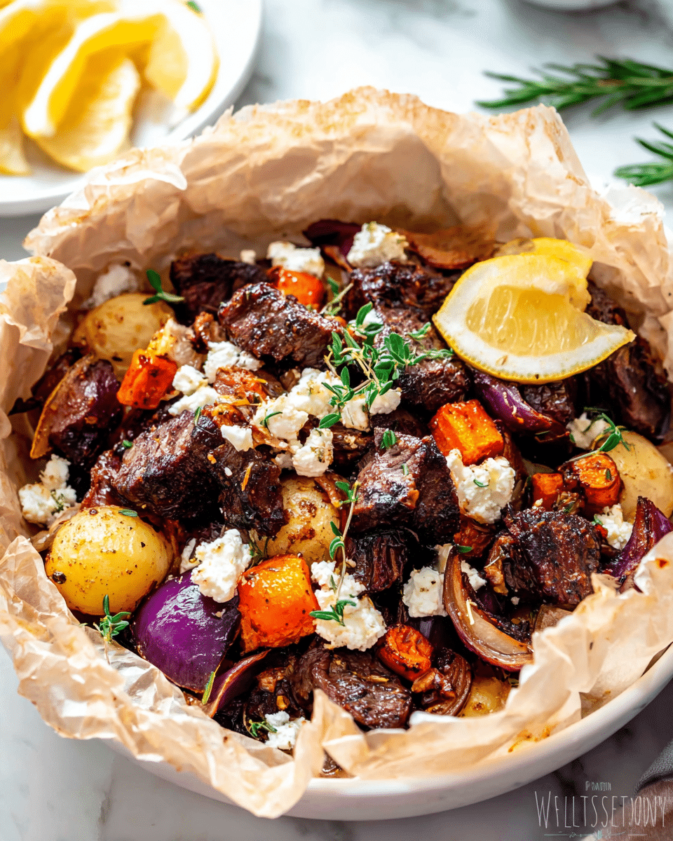 The dish shows a close-up of a bowl lined with crumpled parchment paper holding roasted beef cubes that are dark brown and caramelized on the edges, mixed with chunky pieces of orange carrots, yellow potatoes, and purple-red onions, all roasted to a soft texture. White crumbles of cheese are scattered over the top, along with small green sprigs of rosemary and thyme for garnish. A lemon wedge with a bright yellow peel and pale juicy inside rests on one side of the bowl. The bowl sits on a white marbled table surface with a blurred white plate holding lemon wedges slightly visible in the background. Photo taken with an iphone --ar 4:5 --v 7