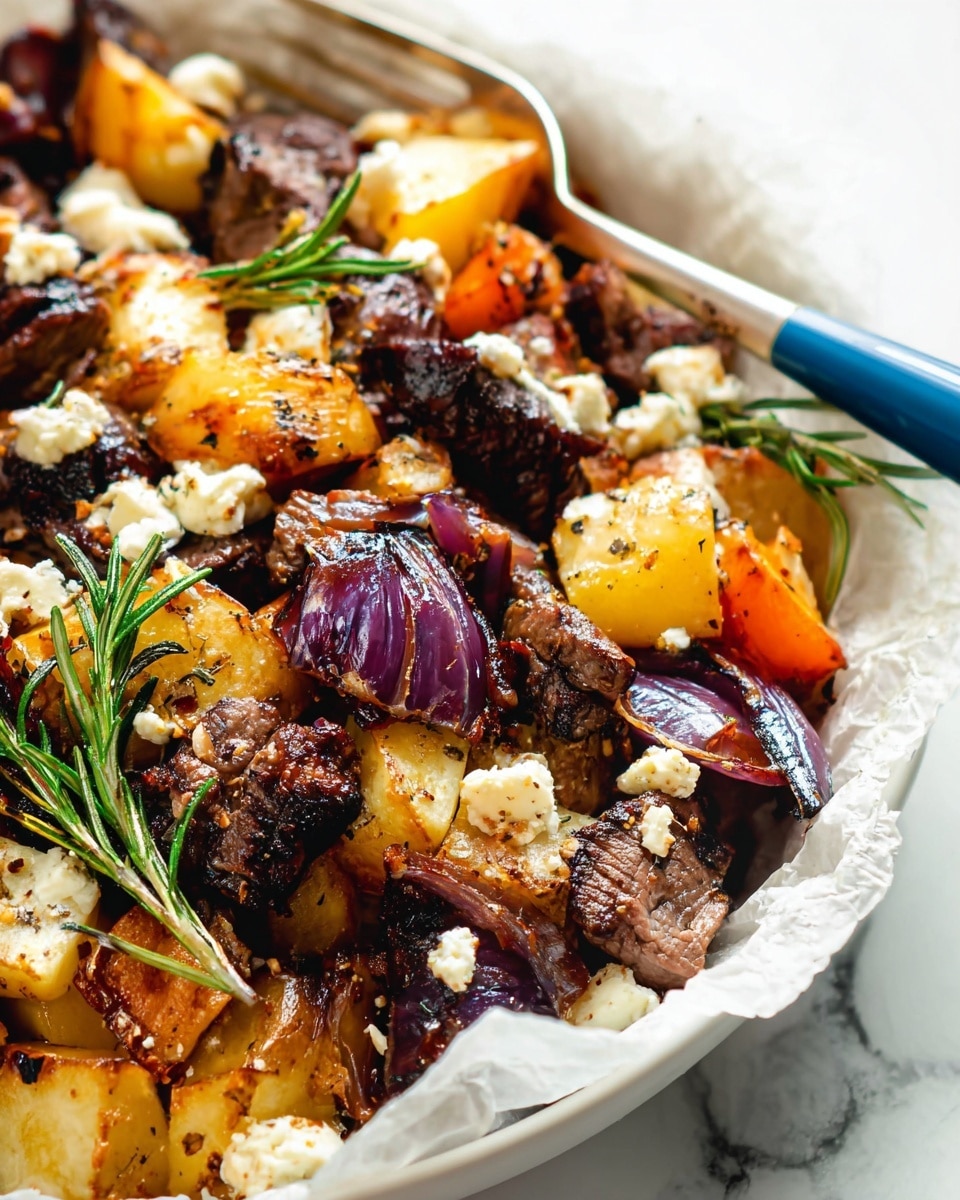 A close-up of a dish showing four layers: the bottom layer is white parchment paper; on top, there are chunks of golden yellow and orange roasted potatoes mixed with pieces of soft, glossy purple onion; the third layer includes dark brown, grilled meat chunks with a slightly charred texture; scattered across the top are small crumbles of white cheese and green sprigs of rosemary. A silver fork and a blue-handled meat fork rest on the left side, slightly pressing into the food. The dish is presented on a white plate against a white marbled surface. photo taken with an iphone --ar 4:5 --v 7