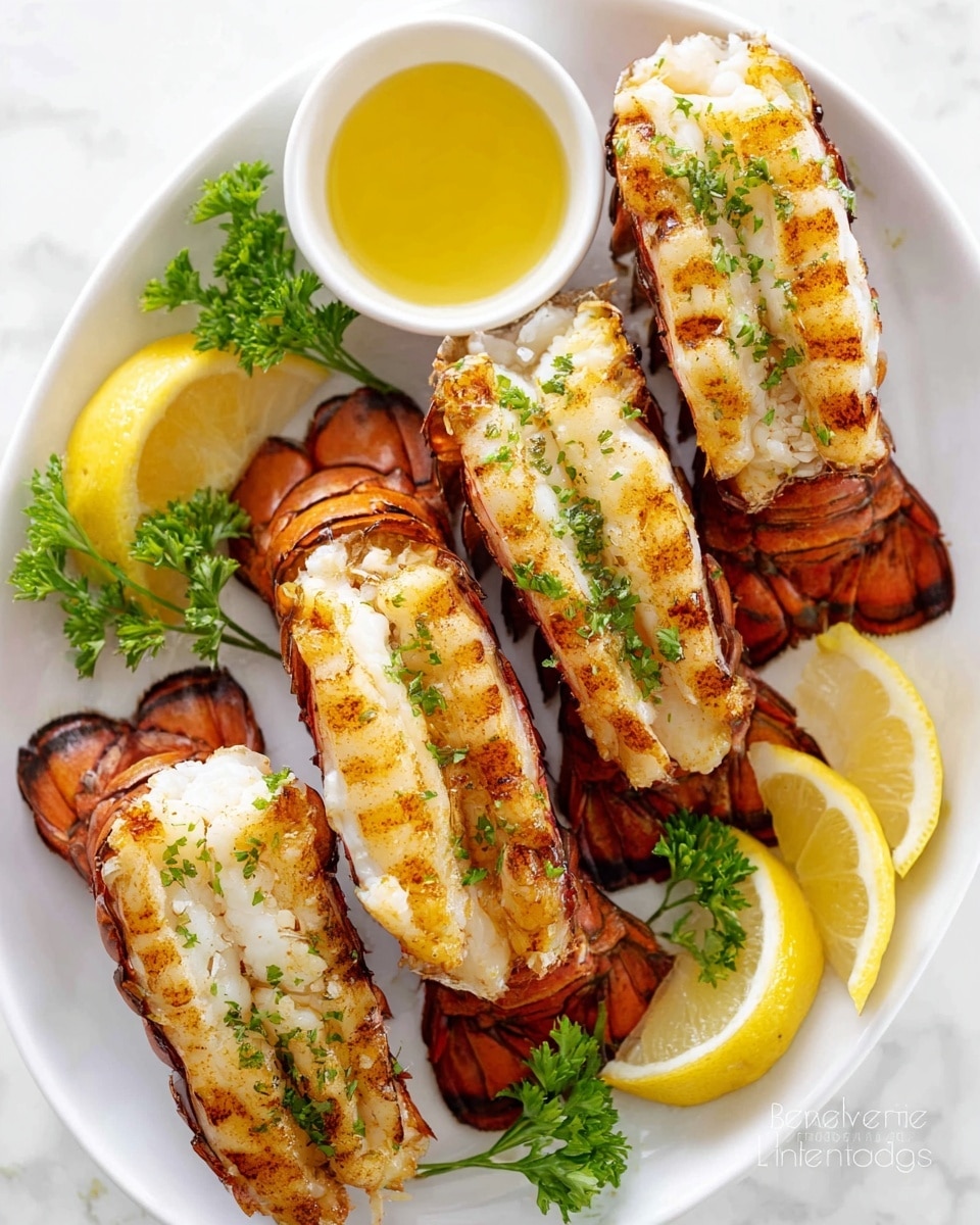 Four lobster tails are placed side by side on a white plate, each lobster tail cut open to show the white, tender lobster meat inside with golden-brown grilled marks on top, sprinkled with green parsley bits. Fresh green parsley sprigs are placed between and around the lobster tails. There are three lemon wedges on the left side of the plate and a small white bowl filled with melted butter positioned above the middle lobster tails. The plate rests on a white marbled texture. photo taken with an iphone --ar 4:5 --v 7