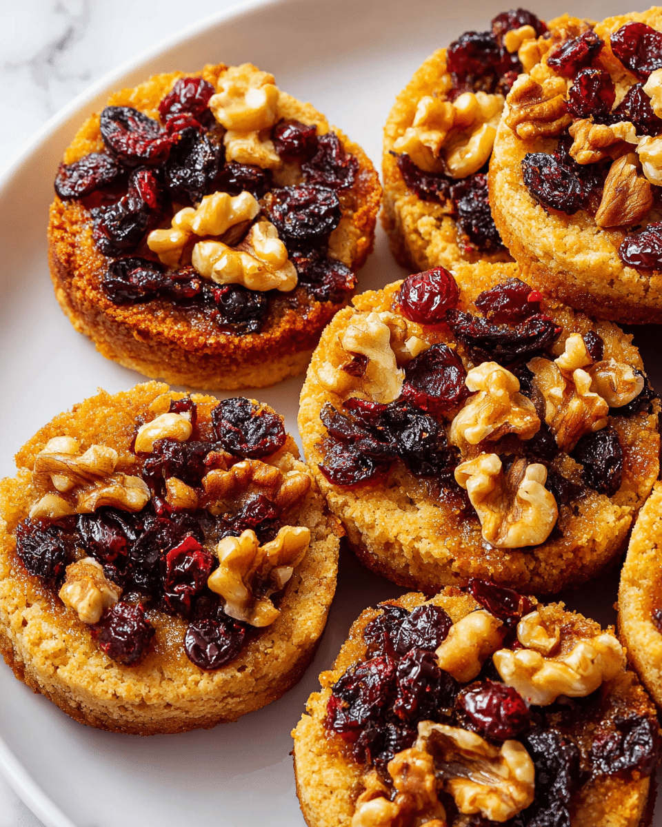 The image shows a close-up of several round cookies arranged closely on a white plate, set on a white marbled surface. Each cookie has a golden-brown base with a crumbly texture and is topped generously with a mix of dark raisins, deep red dried cranberries, and small walnut pieces, creating a rich and crunchy topping layer. The toppings are unevenly spread, giving each cookie a unique look while enhancing the contrast between the golden cookie base and the darker fruits and nuts. photo taken with an iphone --ar 4:5 --v 7